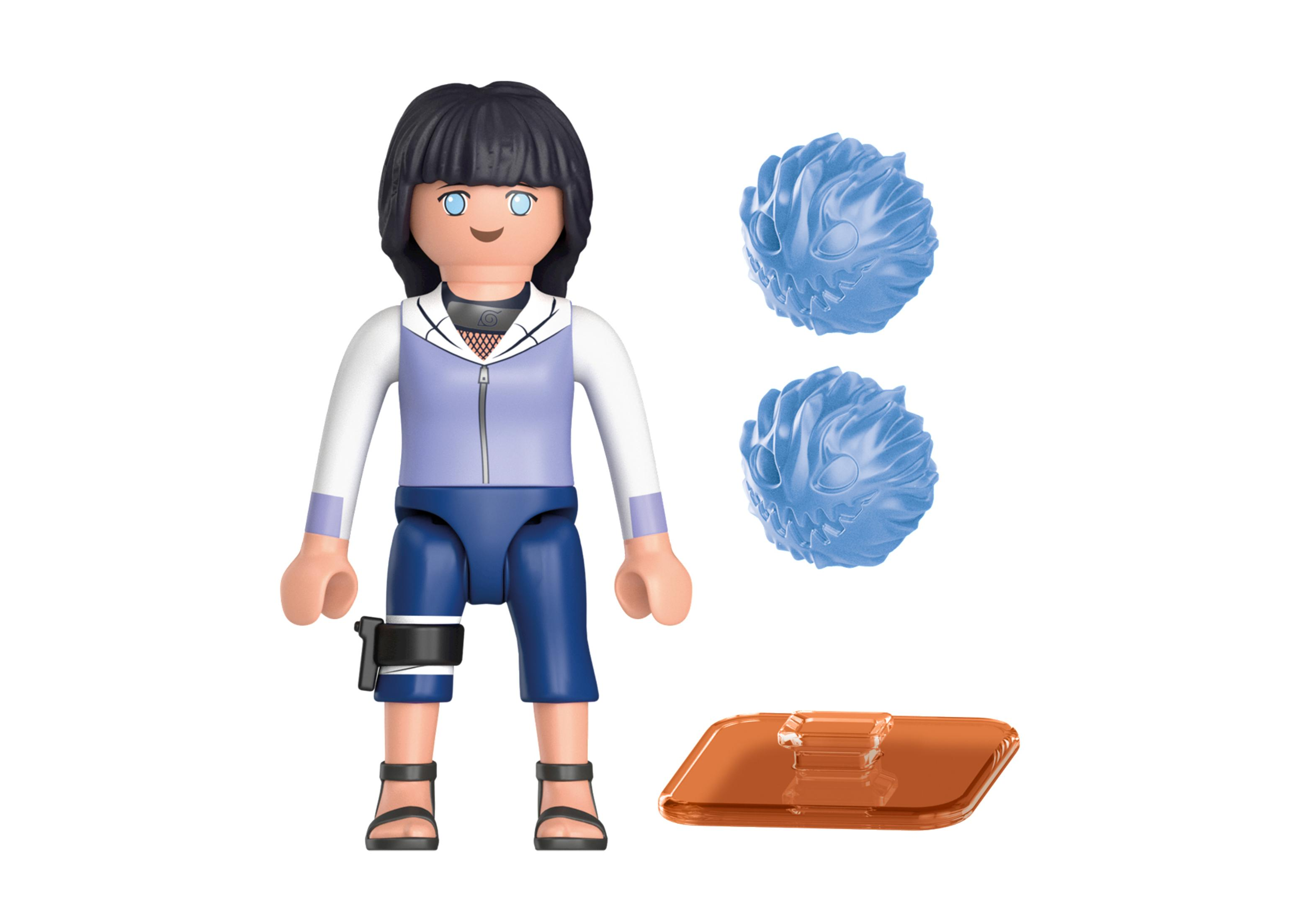 Eine Playmobil-Figur einer Frau mit schwarzen Haaren und blauen Augen, mit blauen Energiebällen.