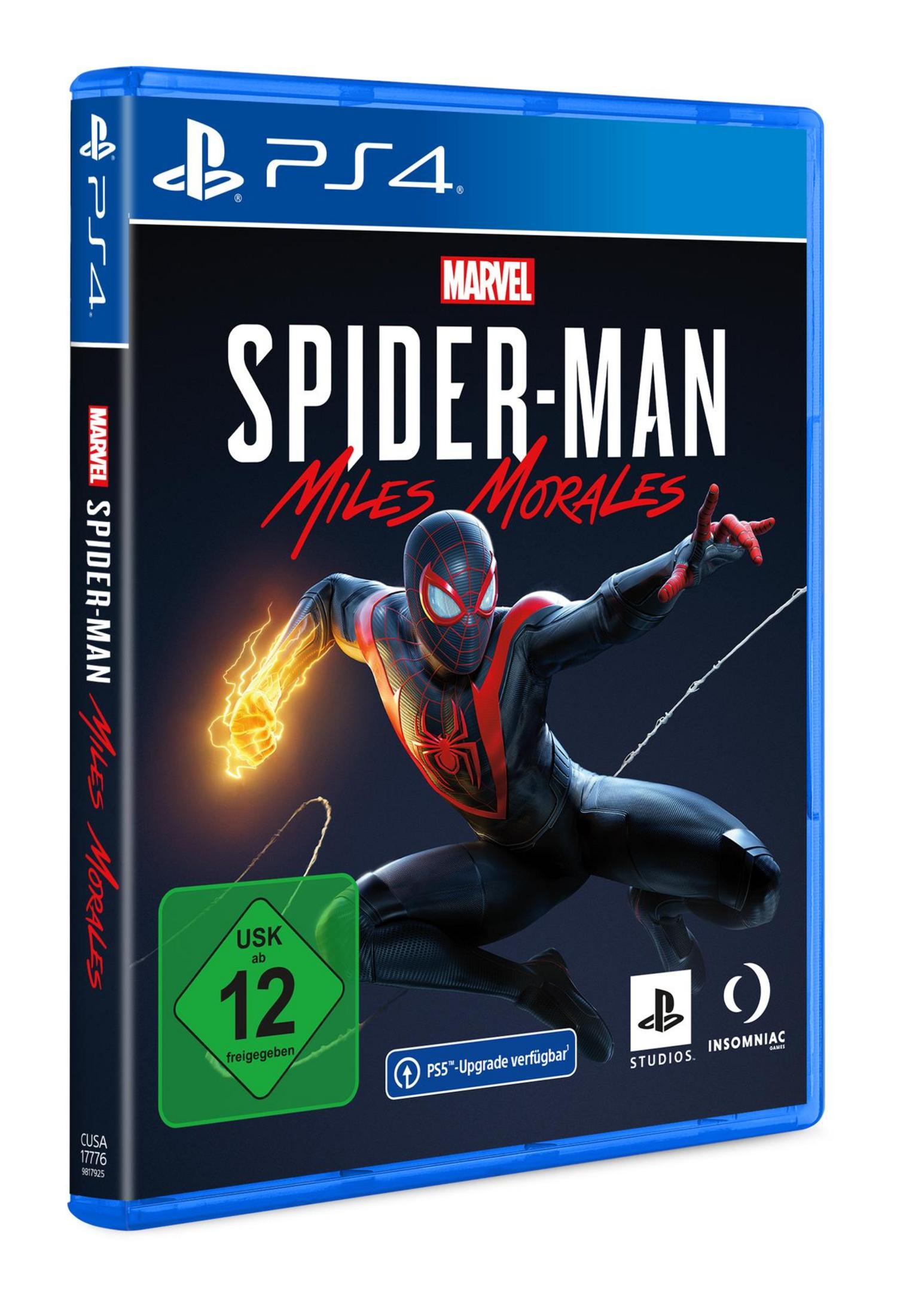 Okładka gry PS4: Spider-Man Miles Morales, czarny strój, niebieskie tło.