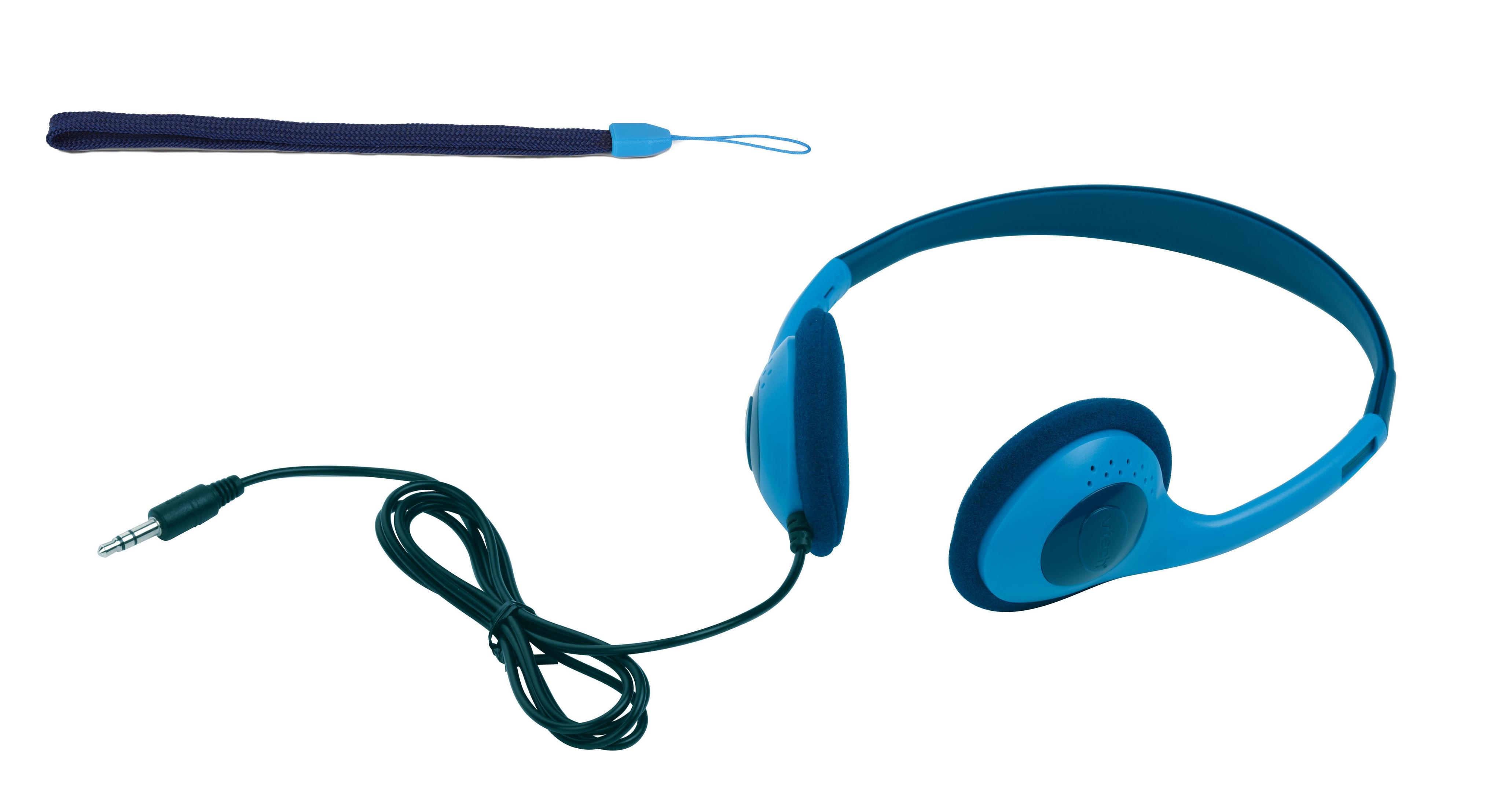 Blaue Kopfhörer und eine Handschlaufe mit Kabel. Weißer Hintergrund.
