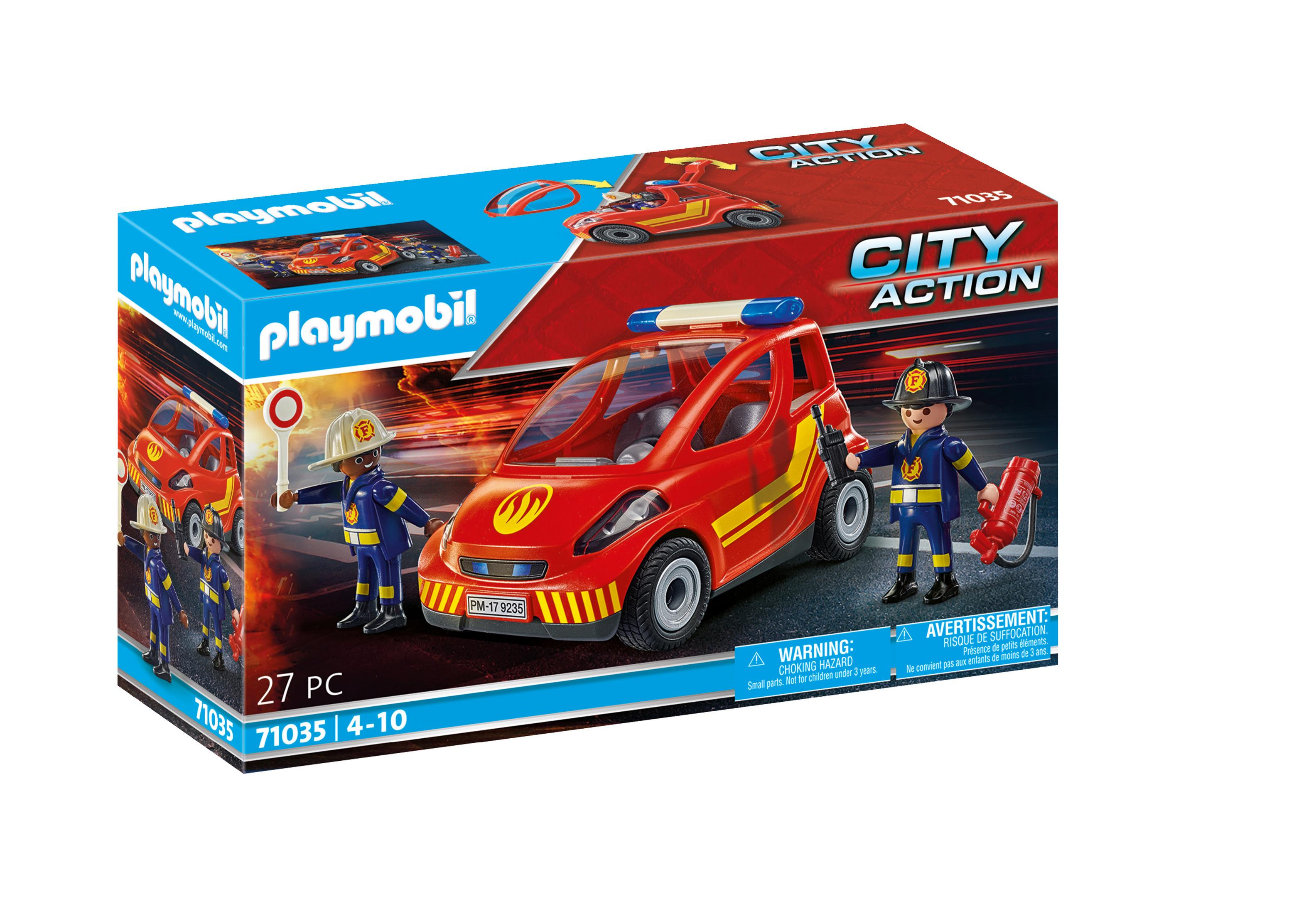 Scatola del camion dei pompieri Playmobil. Camion rosso con vigili del fuoco e tema città.