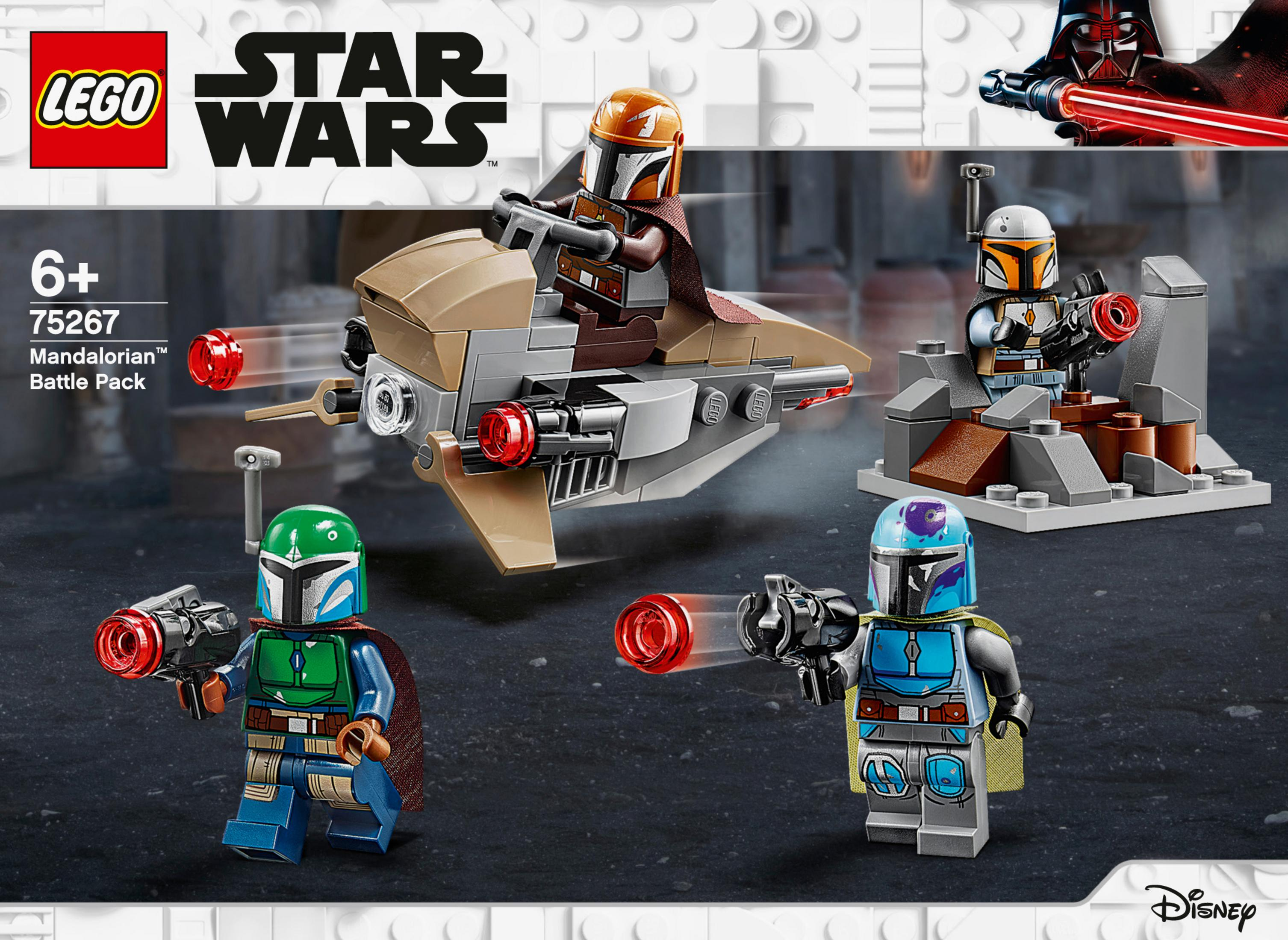 Set LEGO Star Wars: personaggi Mandaloriani con speeder e scena di battaglia, elementi proiettili rossi.