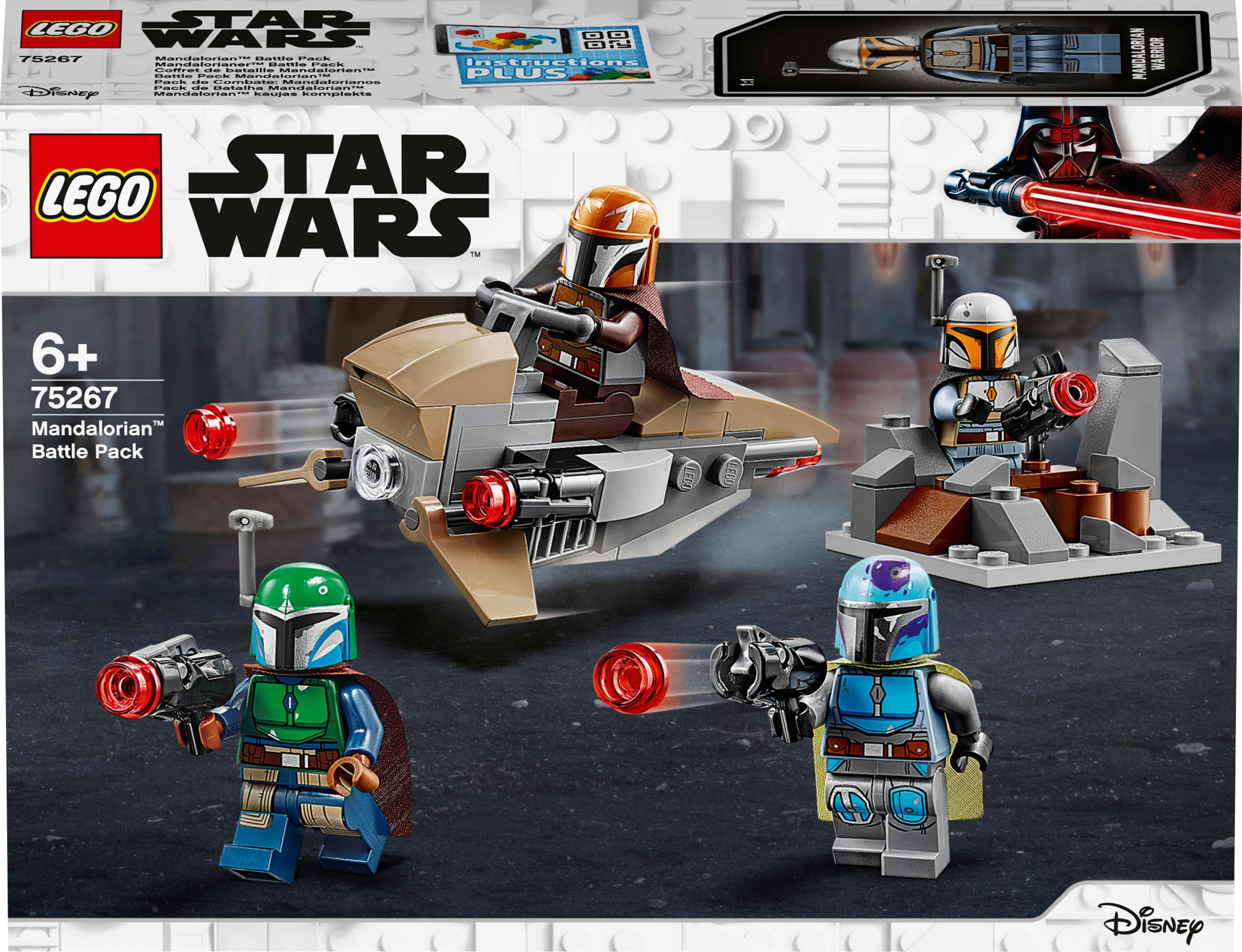 Scatola del set Lego Star Wars con minifigure. Il set raffigura personaggi Mandaloriani e una speeder bike.
