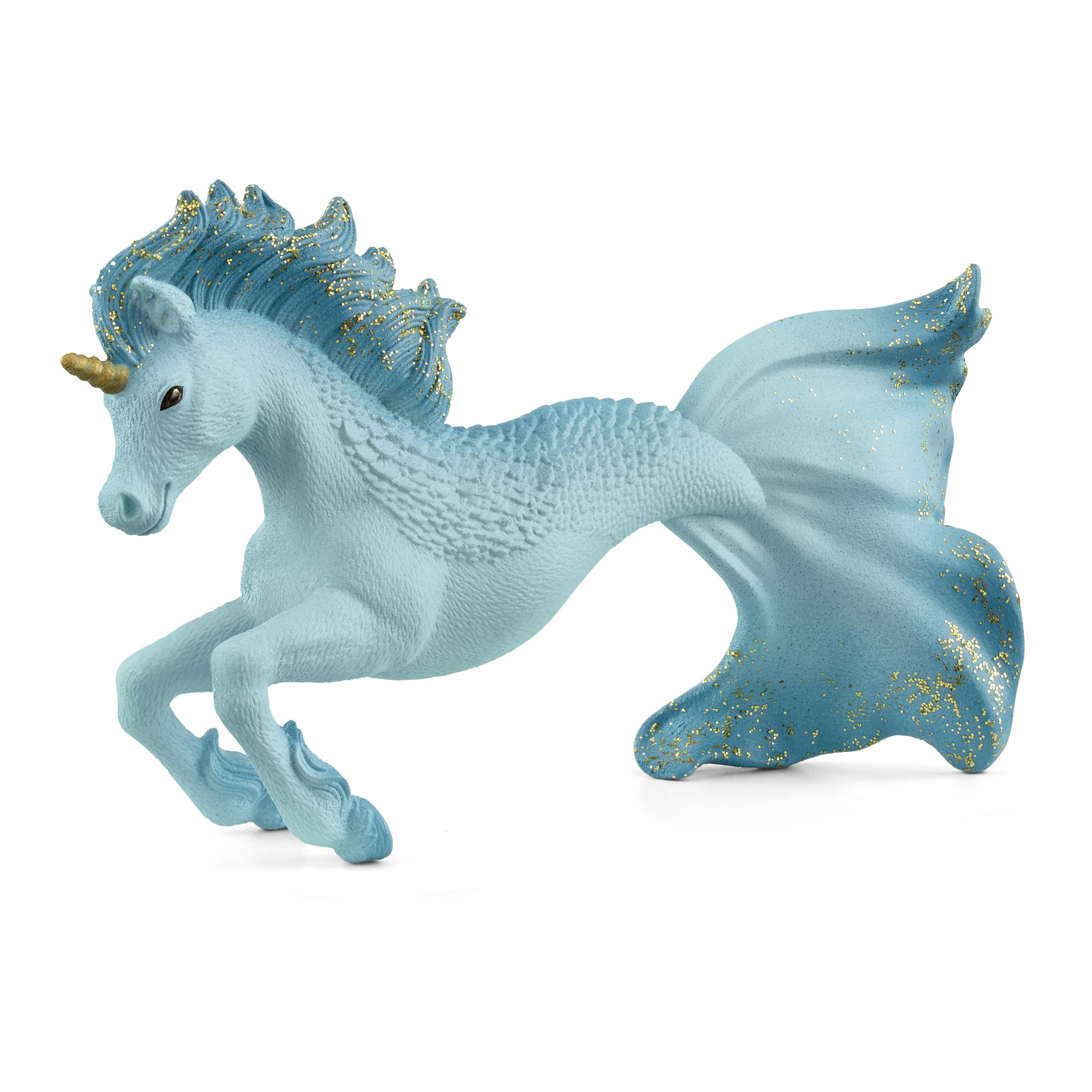 Blaues Seepferdchen-Einhorn-Spielzeug mit goldenem Horn und Akzenten, springend auf weißem Grund.