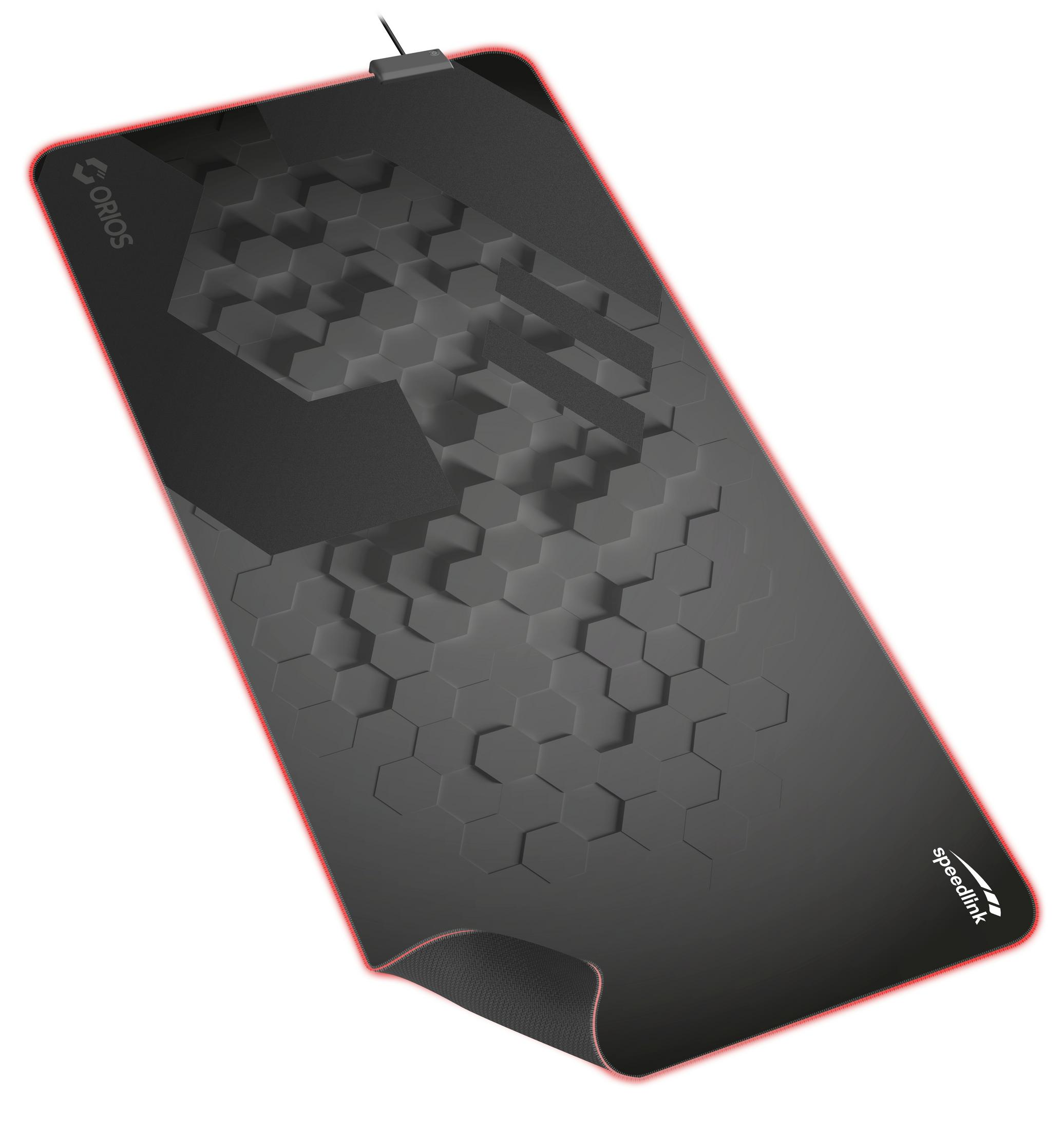 Czarna i szara podkładka pod mysz z czerwoną obwódką i logo Speedlink i Orior.