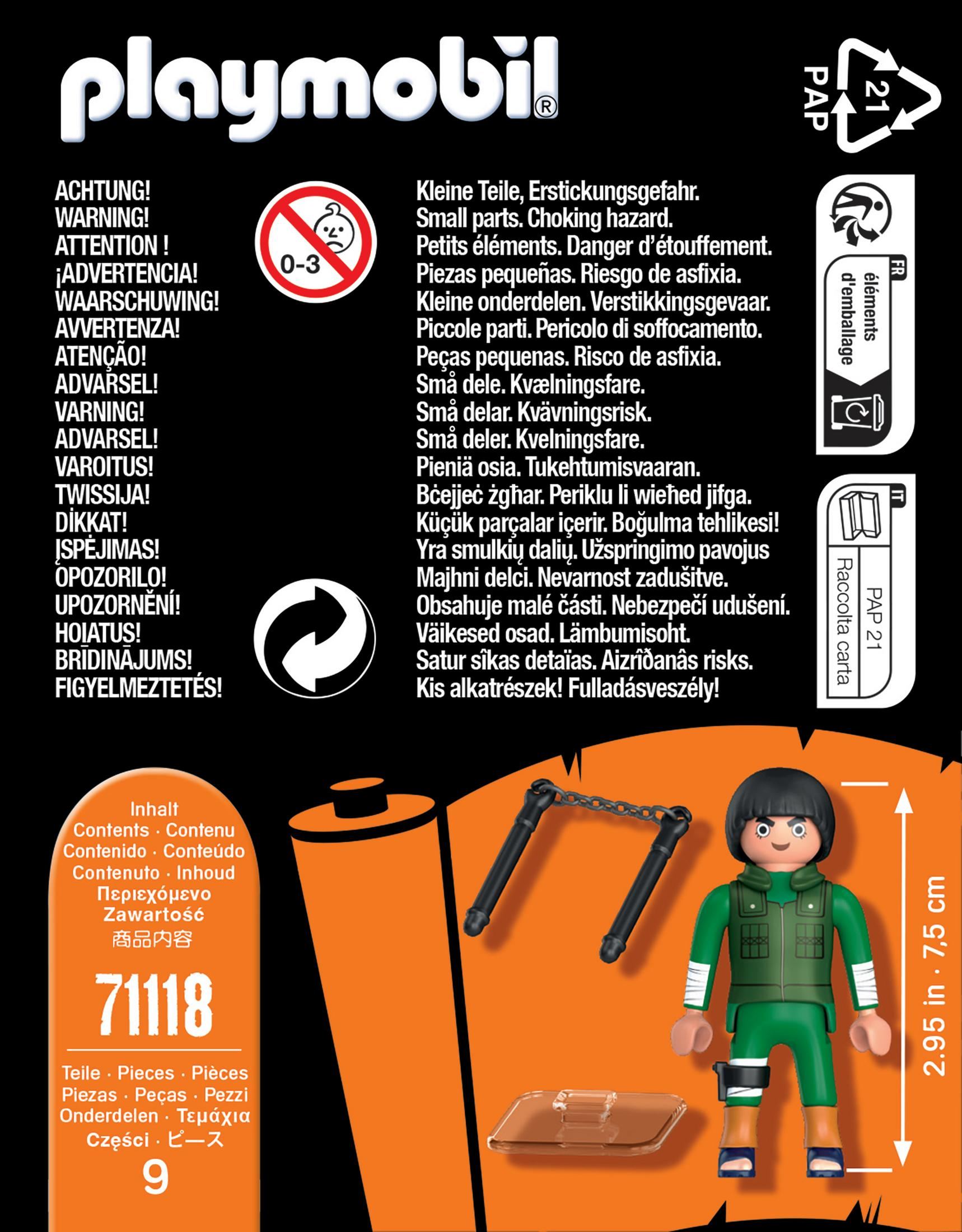 Spielzeugfiguren-Set-Verpackung. Enthält Teile für eine Figur und Zubehör. Text in mehreren Sprachen.