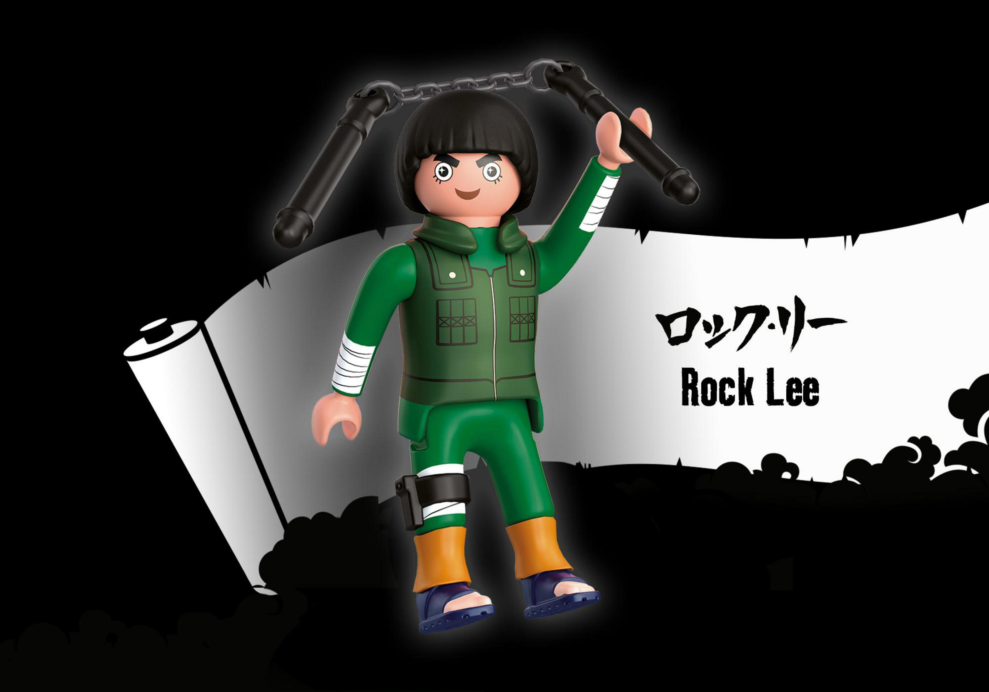 Rock Lee Playmobil-Figur mit Nunchakus, Text und Hintergründelementen.