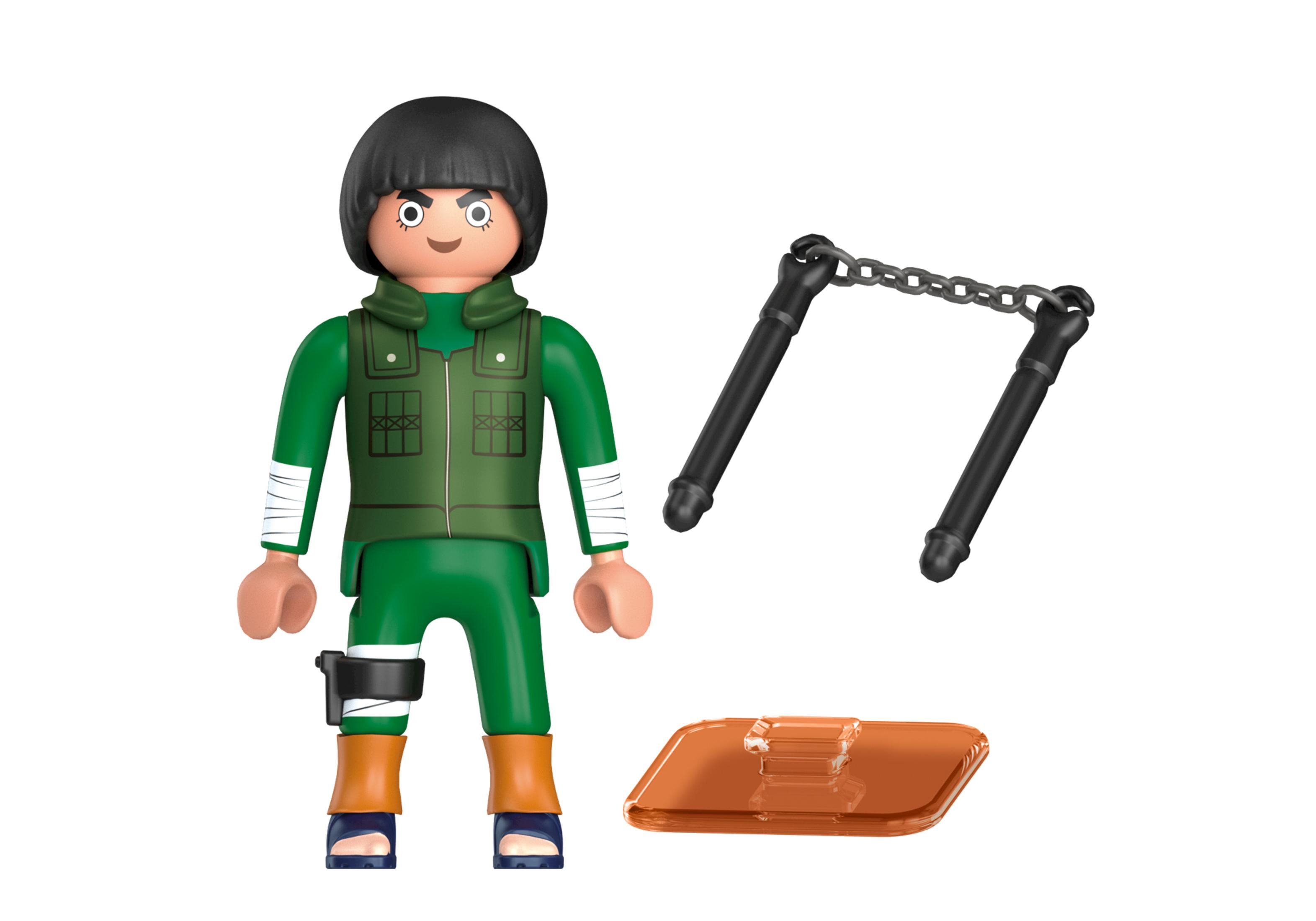 Playmobil-Figur von Rock Lee mit Nunchakus und einem Ständer auf weißem Hintergrund.
