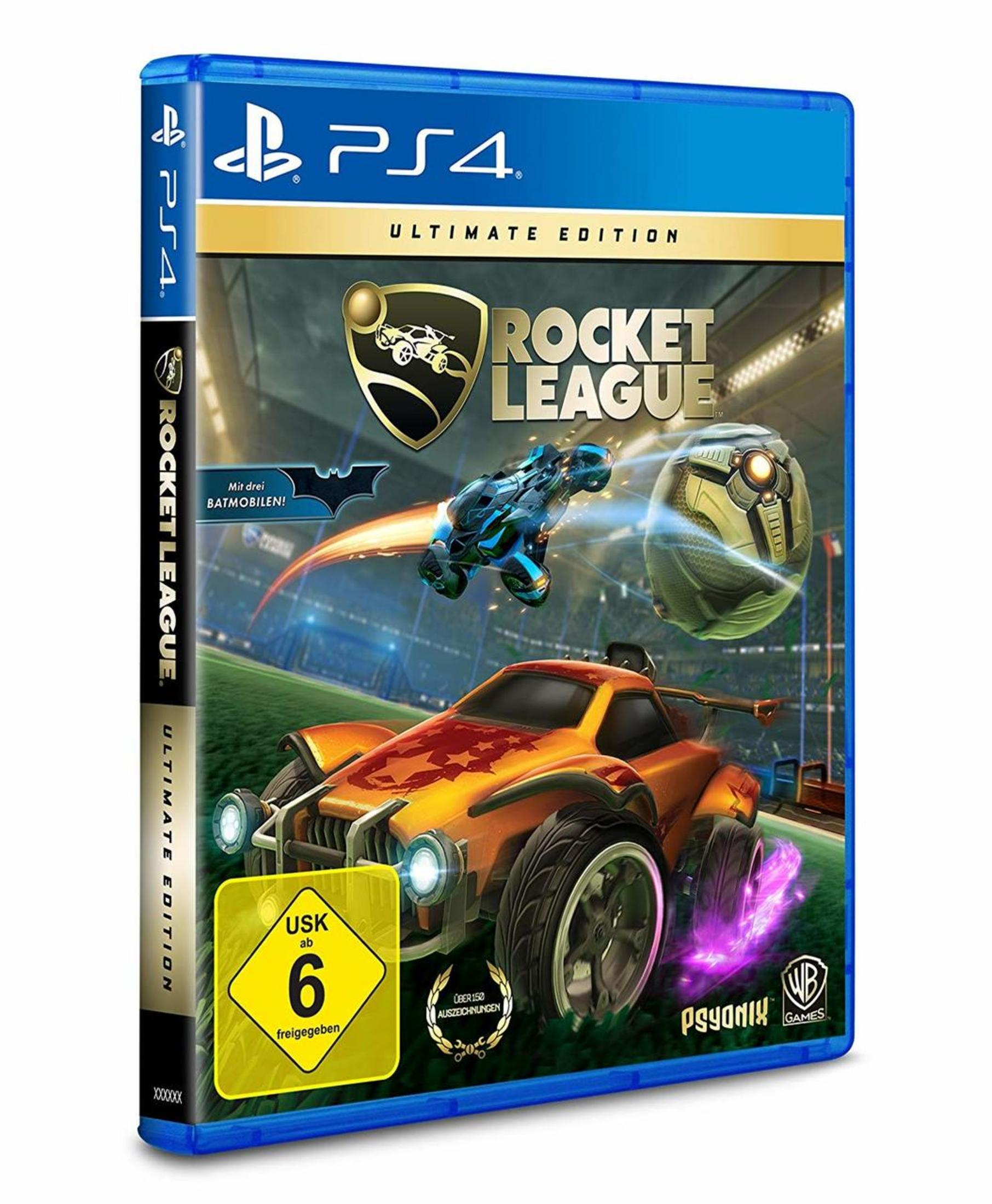PS4-Spielhülle, Rocket League, Ultimate Edition. Orangefarbenes Auto in Aktion, blaues Auto, goldener Ball.