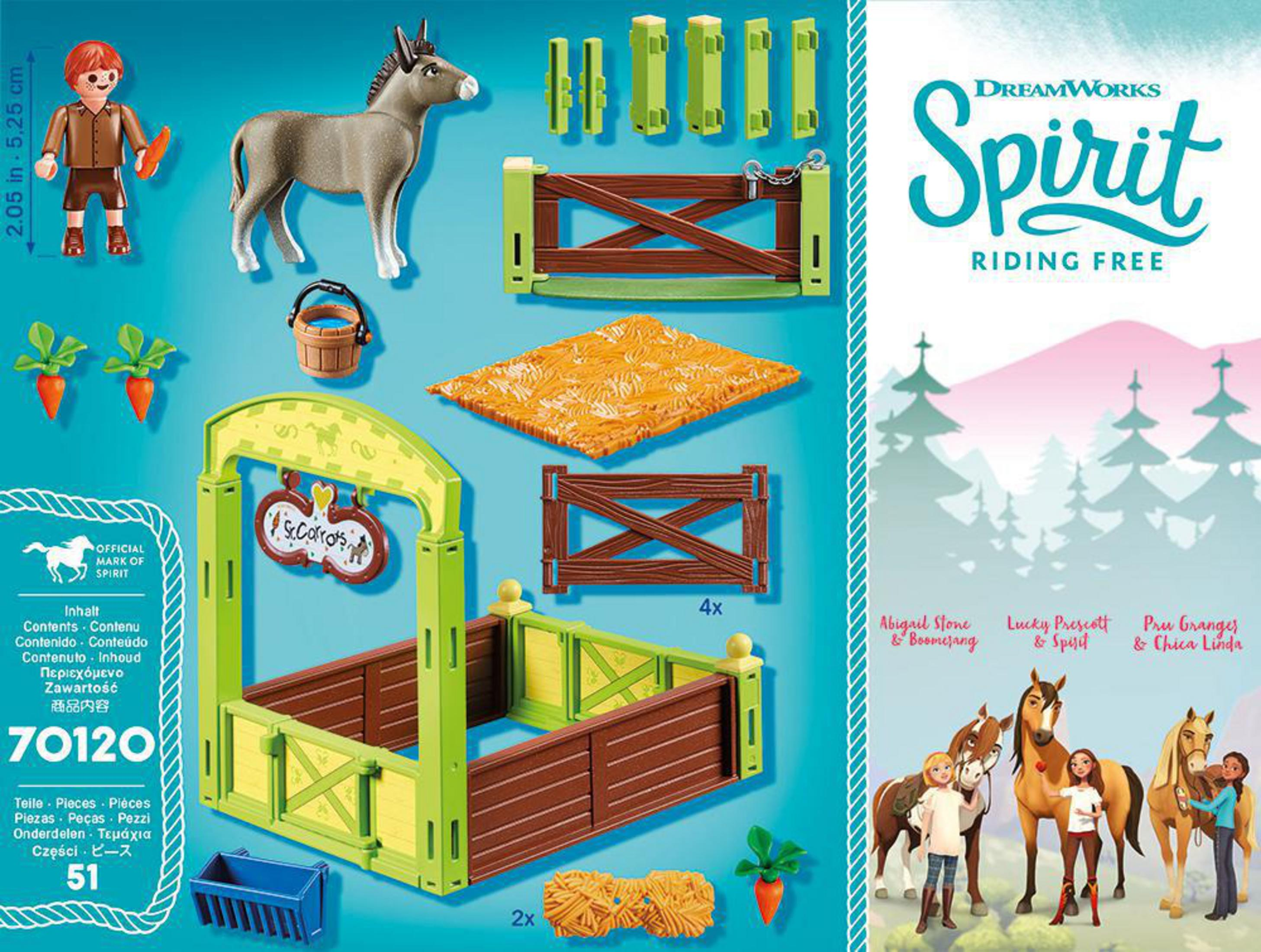Playmobil Spirit Set: Esel, Figur, Zaun, Karotten und Spirit Riding Free Logo.