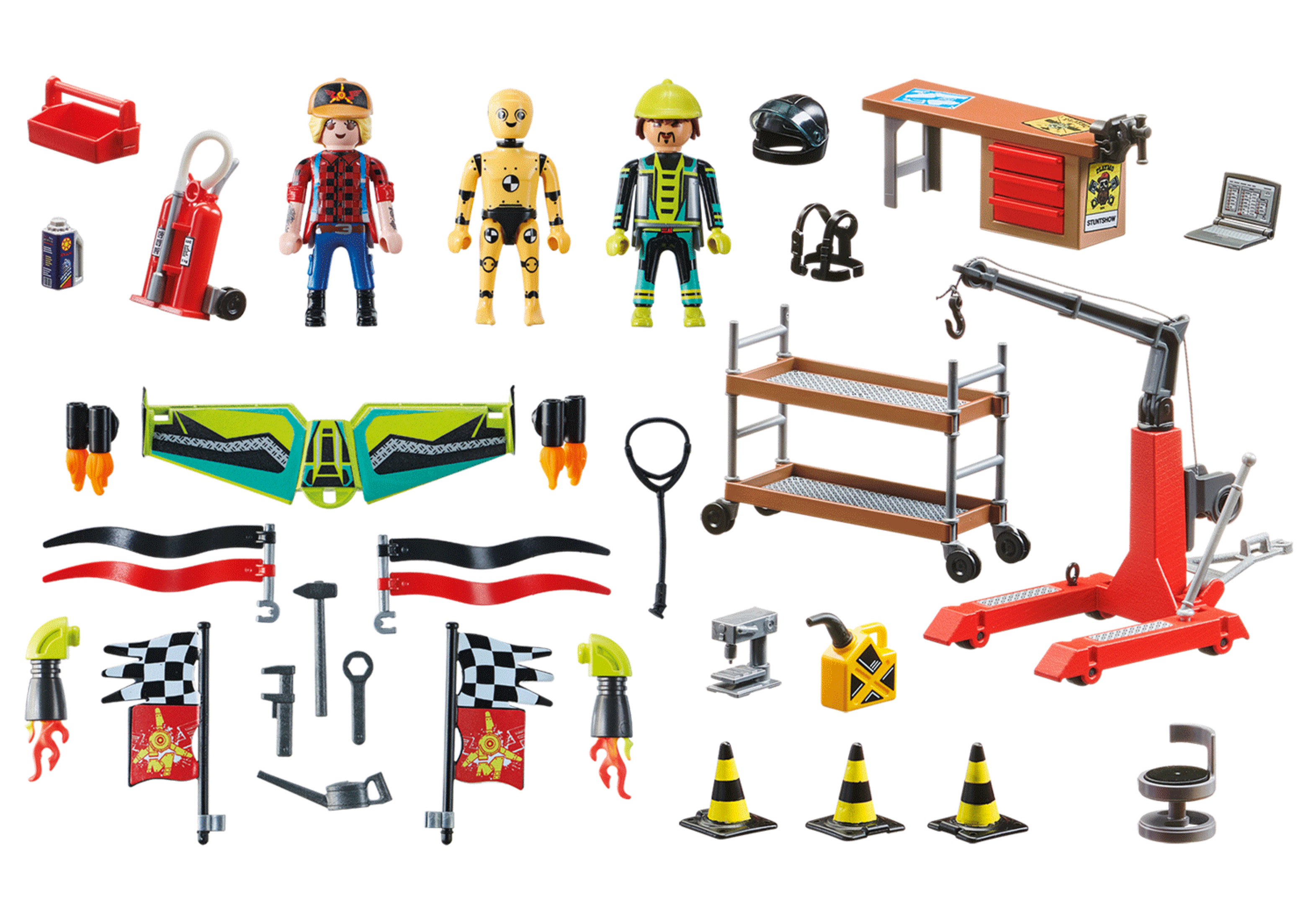 Playmobil-Set mit Werkzeugen, Figuren und Zubehör für eine Autowerkstatt.