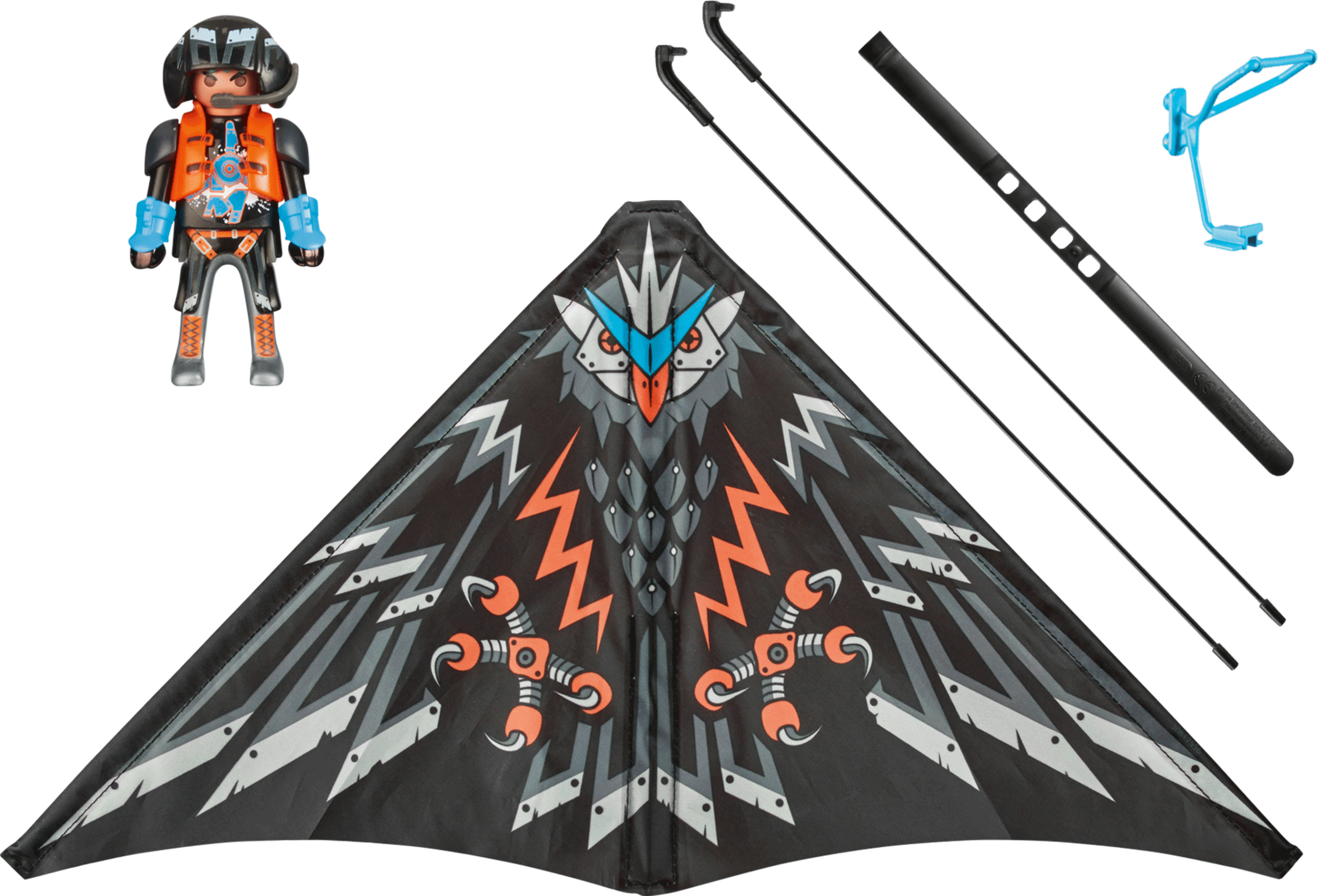 Ein Drachen in Form eines schwarzen und grauen Adlers mit einer Playmobil-Figur und Zubehör.