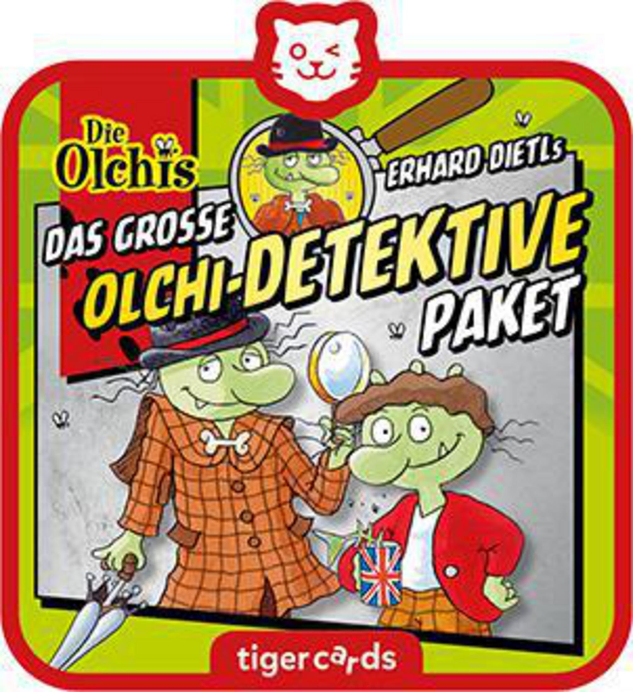 Ein Kinderbuchcover mit Zeichentrickdetektiven, Lupe und Hut.