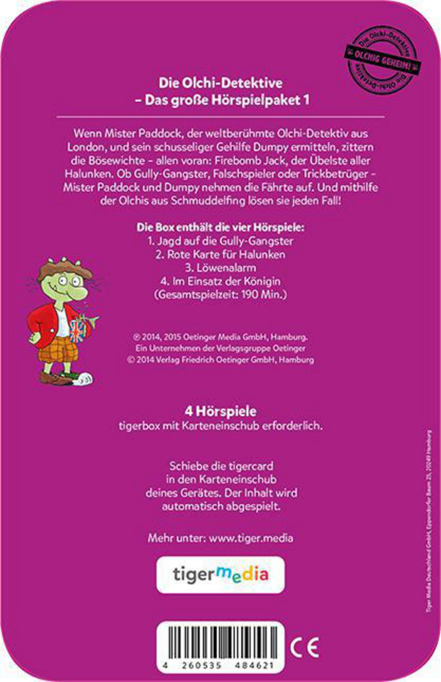 Eine lila, rosa und weiße Karte mit Text. Der Text beschreibt ein Hörspiel für Kinder.