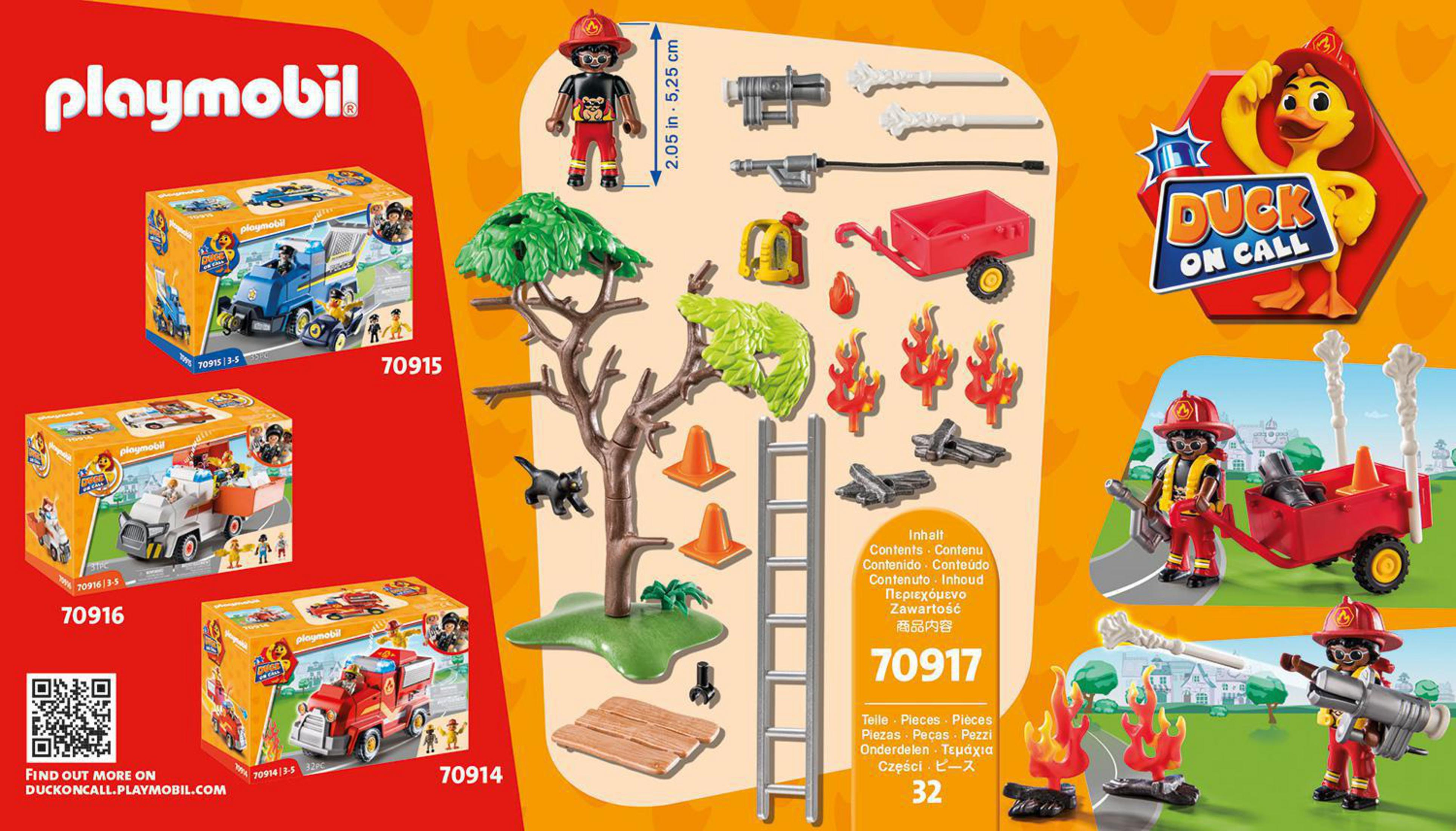 Ein Playmobil-Set mit Feuerwehrauto, Baum und Zubehör für die Rettung.