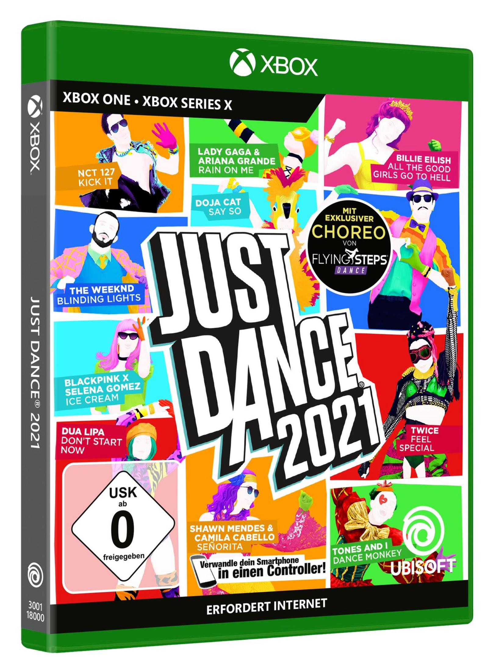 Just Dance 2021 Xbox Spielbox. Mit verschiedenen Künstlern und Songtiteln, farbenfrohes Design.