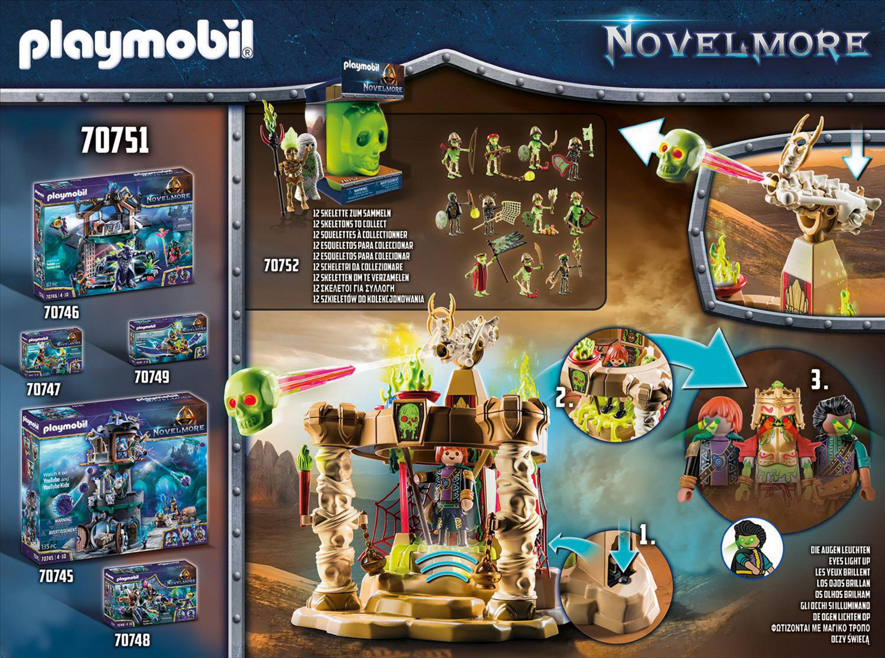 Eine Playmobil-Box mit Skelett-Motiv und mehreren Figuren. Verschiedenes Zubehör wird gezeigt.