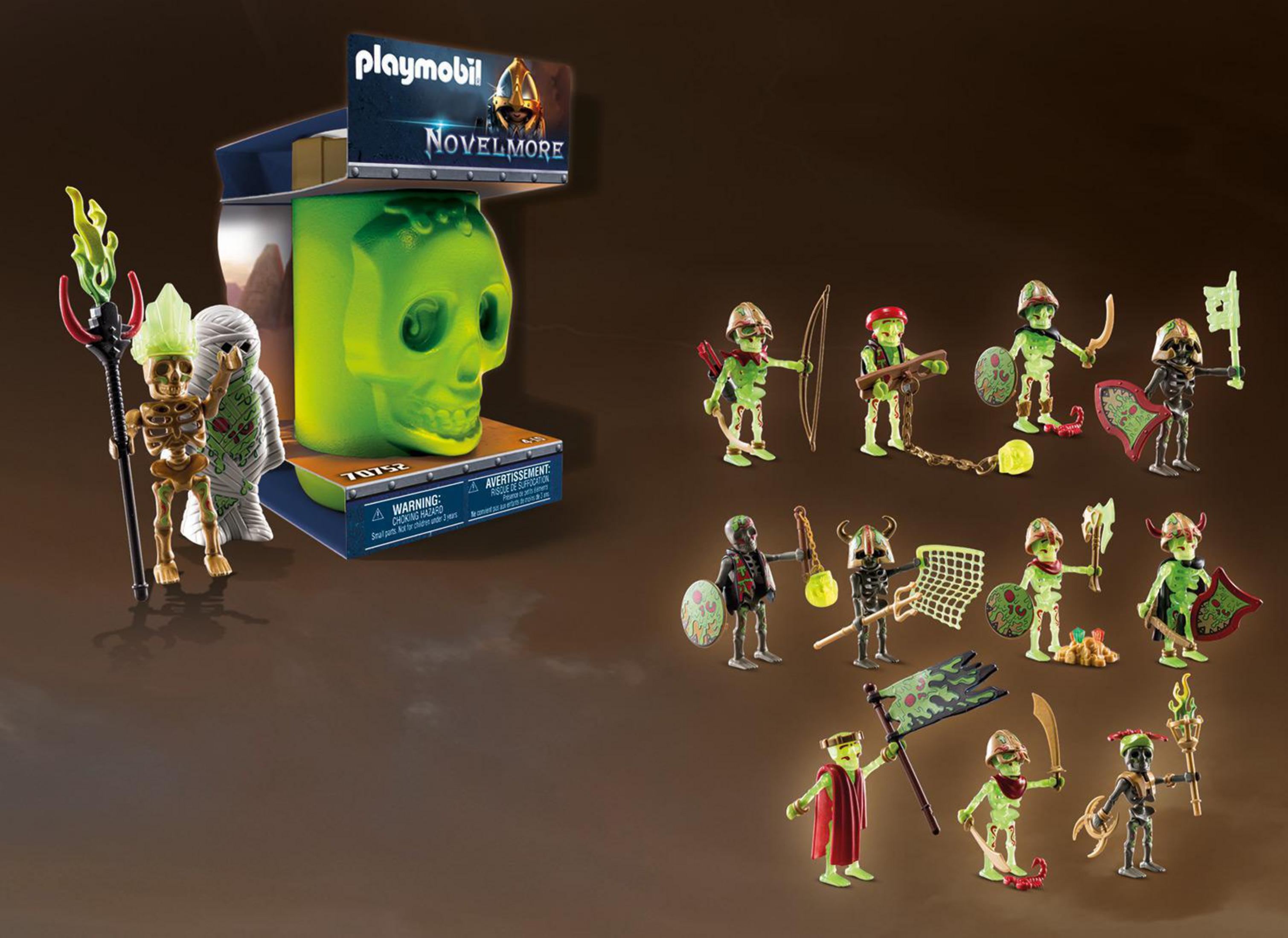 Playmobil Novelmore Set, Skelettfiguren, grüner Schädel und andere Figuren.