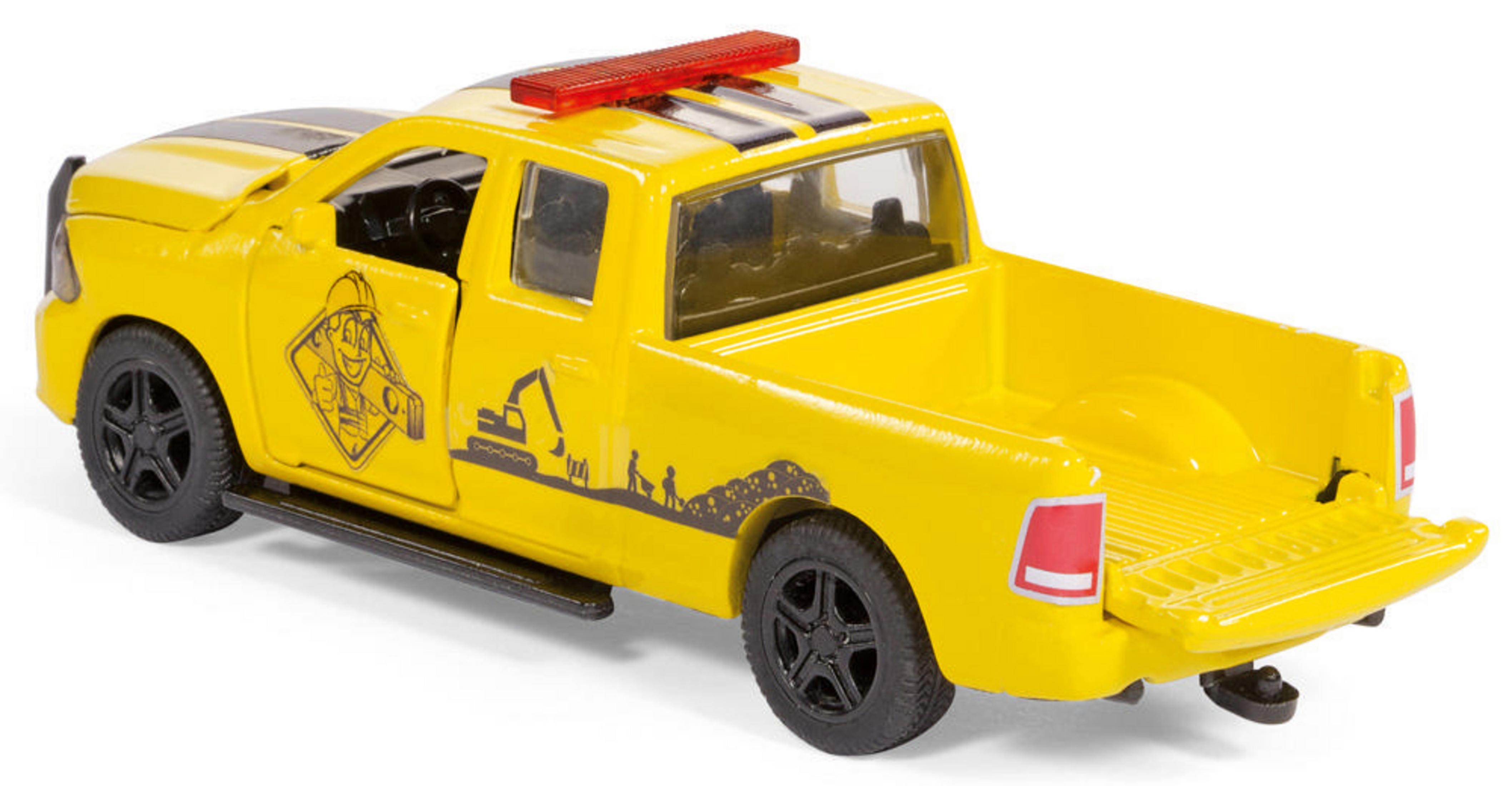 Gelber Spielzeug-Pickup-Truck mit rotem Licht oben, schwarzen Rädern und Bau-Grafiken.