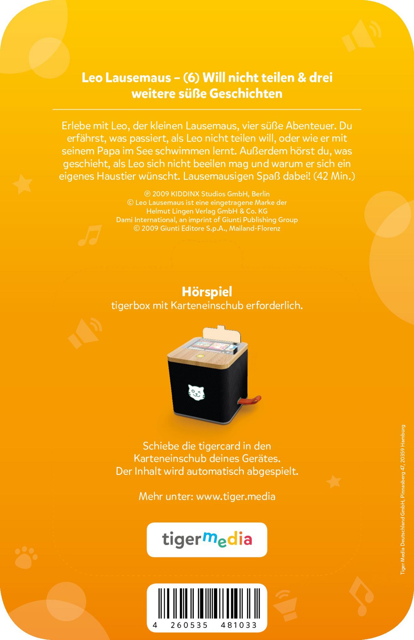 Rückseite einer tigerbox mit Text und Symbolen, einschließlich eines Tonsymbols.