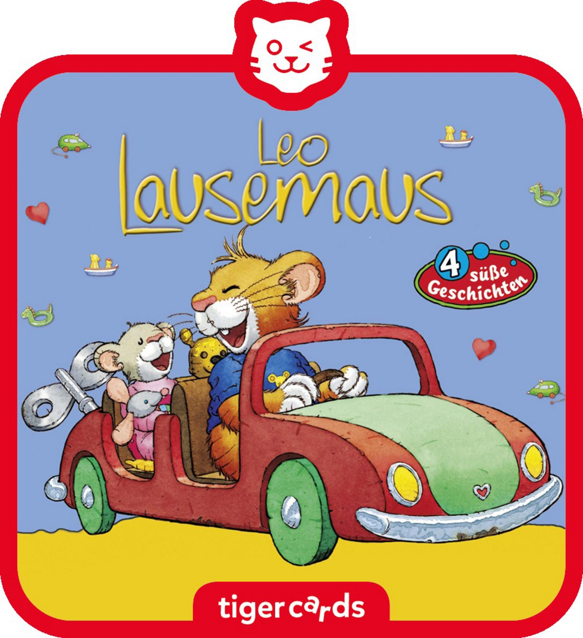 Leo die Maus Kinderspielkarte. Roter Umschlag mit Cartoon-Maus und Auto. Weißer Hintergrund.