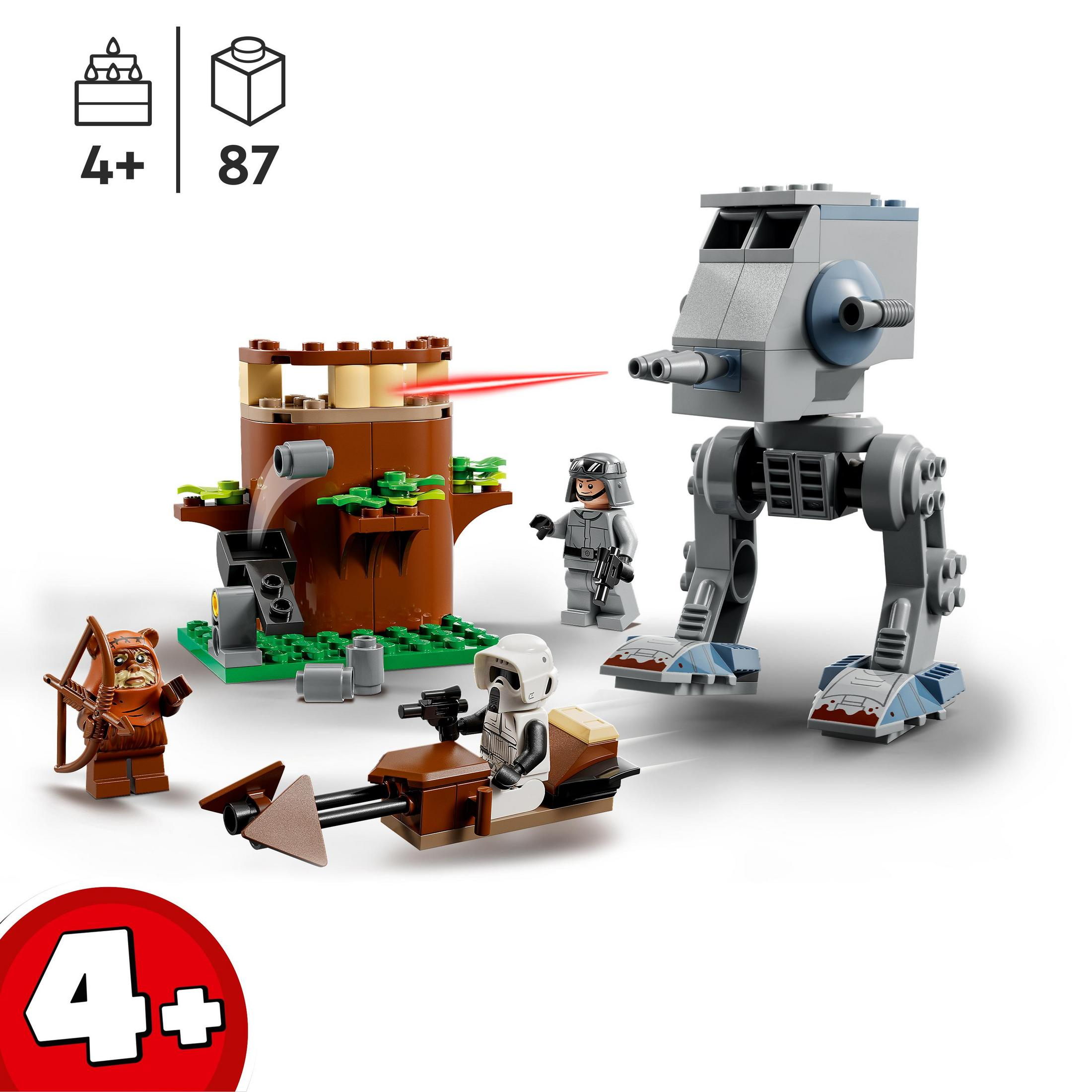 Zestaw Lego Star Wars, z AT-ST, Ewokiem, śmigaczem i figurkami szturmowców.