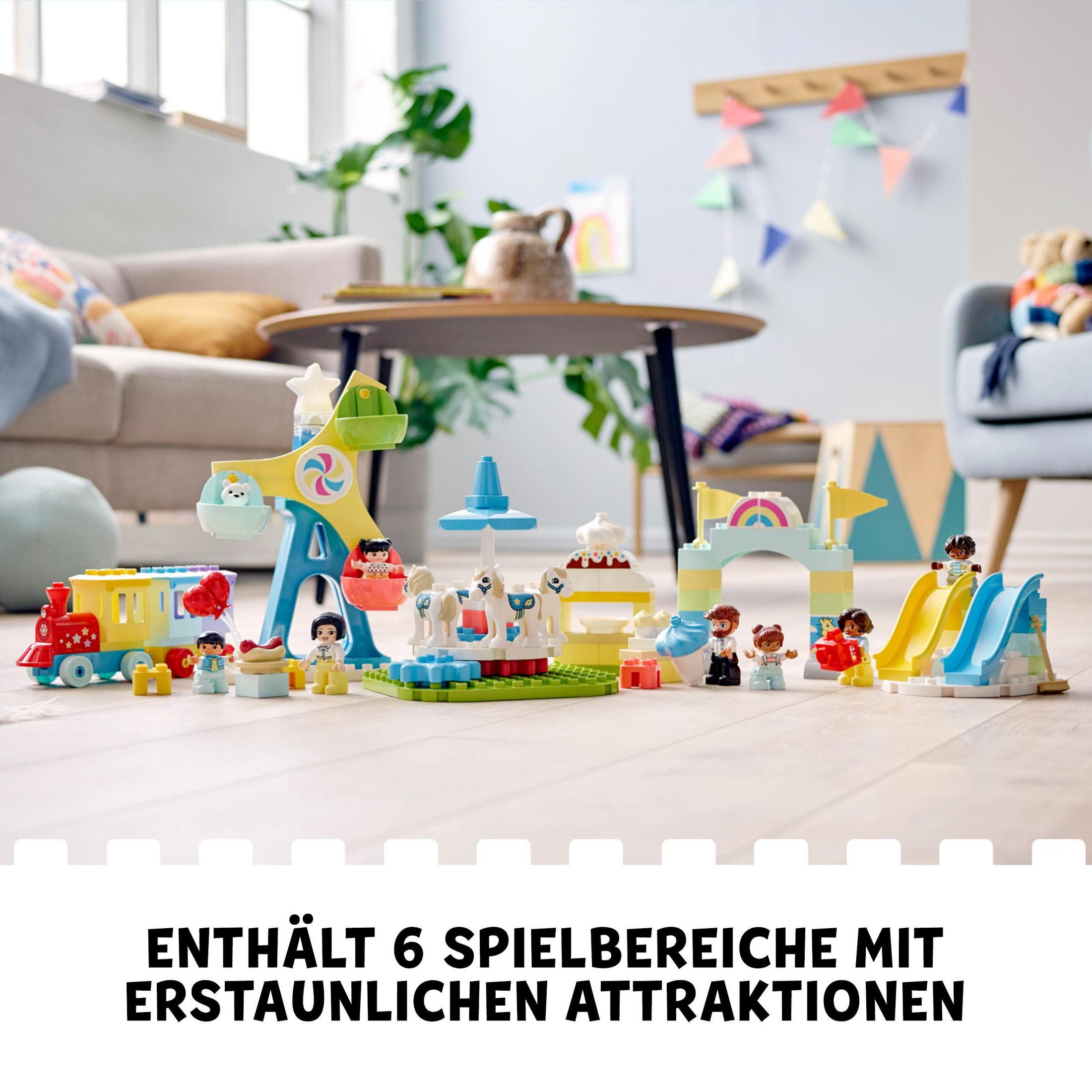 Ein Lego Duplo Freizeitpark-Set mit Riesenrad, Zug und Rutschen. Figuren sind enthalten.