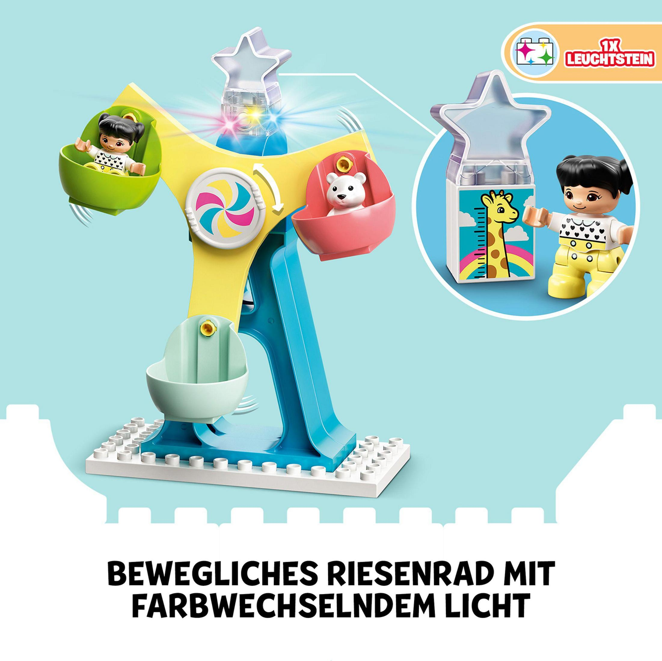 Lego-Set mit einem Riesenrad, zwei Figuren und einer Giraffe. Buntes und verspieltes Design.