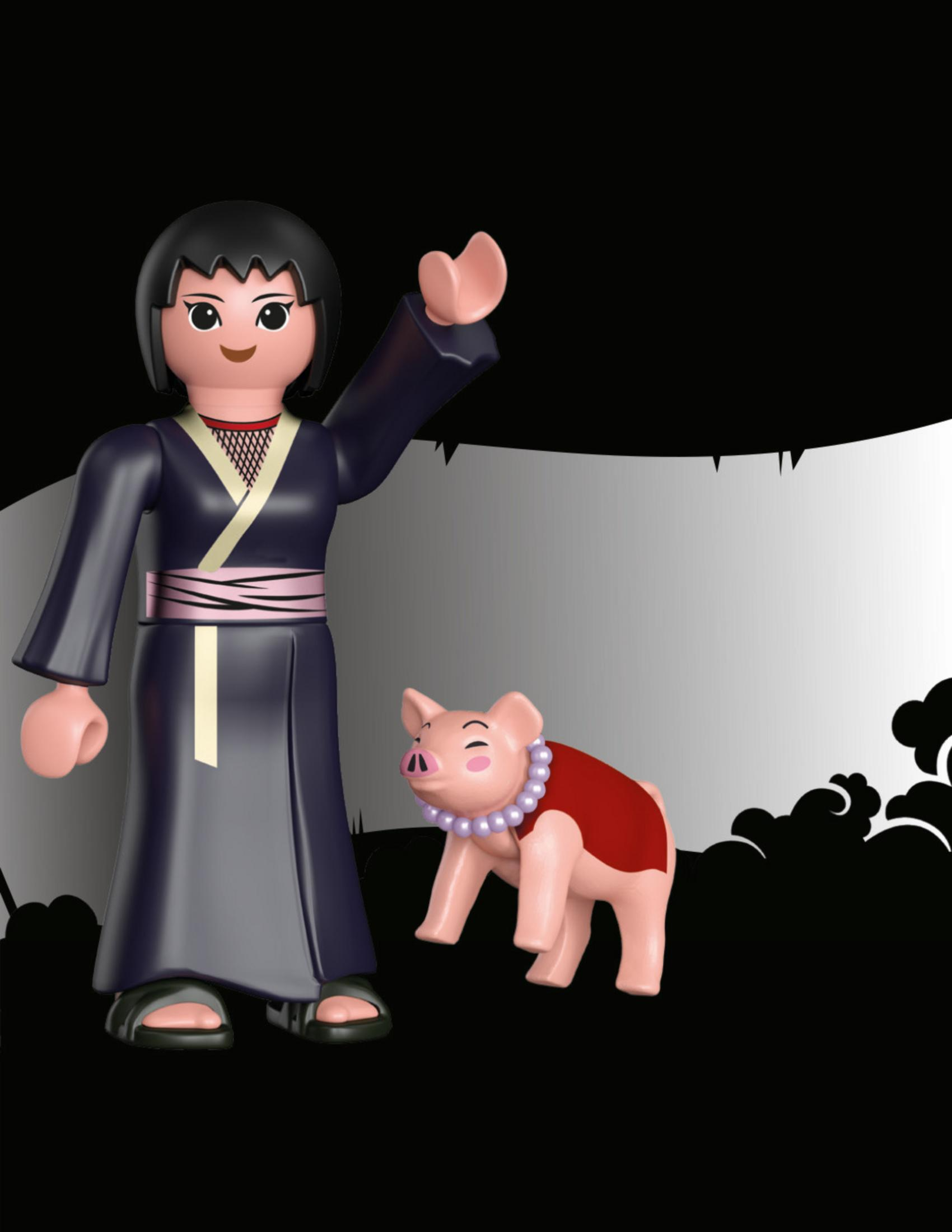 Playmobil-Figur einer Frau im Kimono mit einem Schwein mit Perlen, auf schwarzem und grauem Hintergrund.