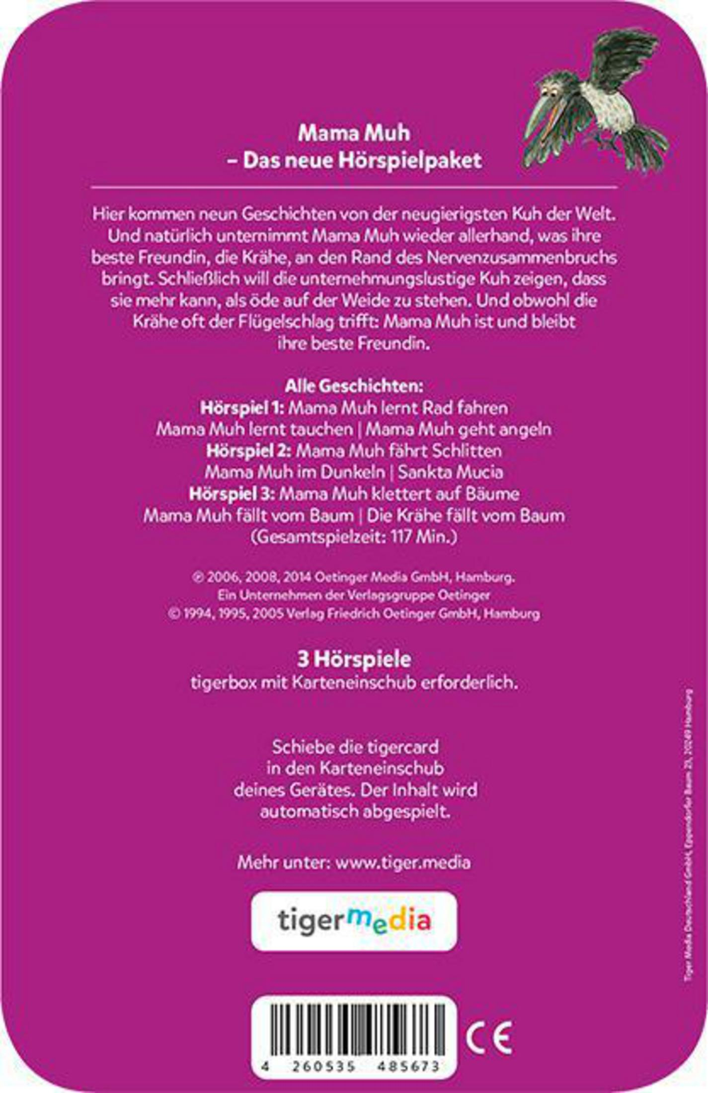 Lila Hörbuchcover mit Text und einer Illustration einer Krähe auf lila Hintergrund.