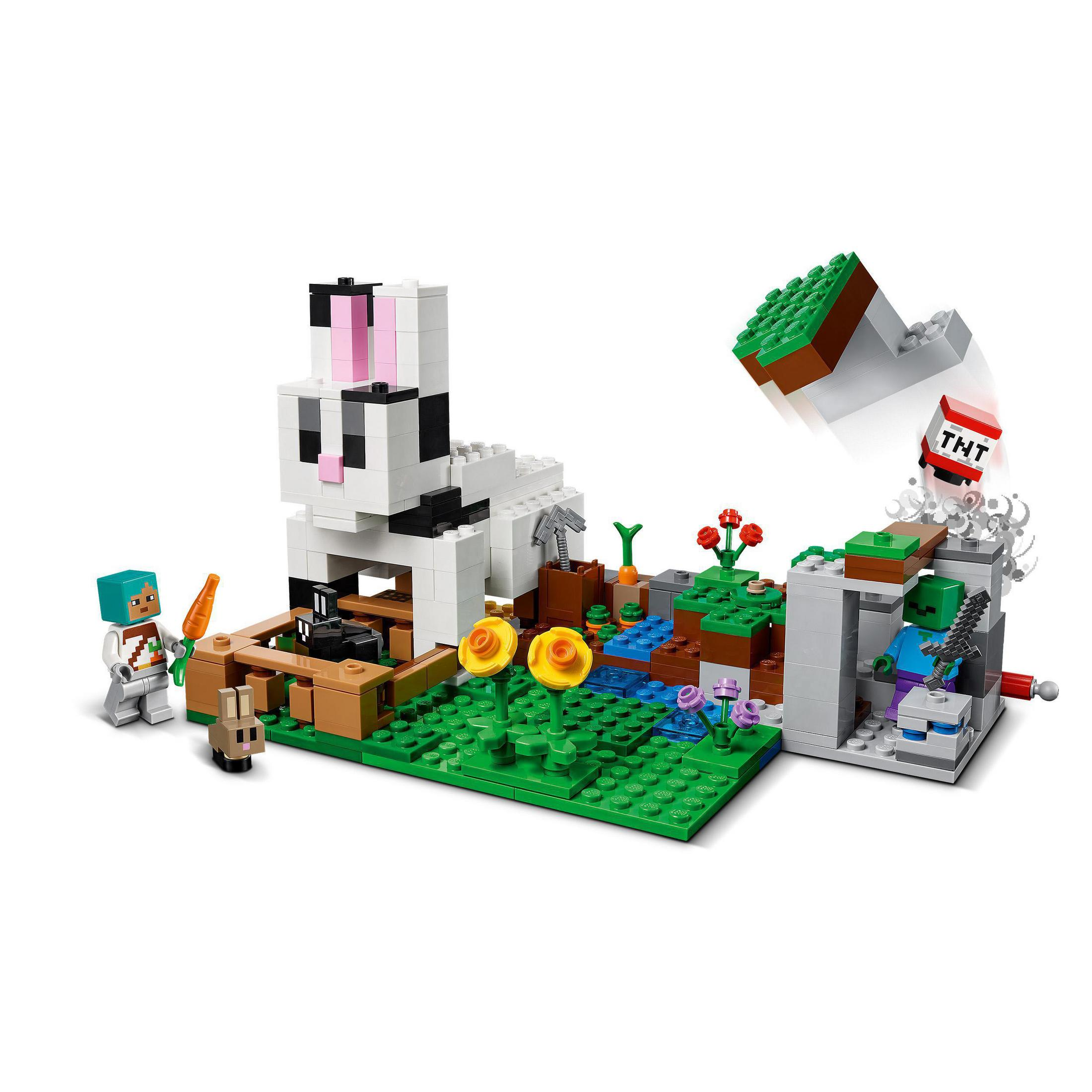 Set Lego Minecraft. Coniglio bianco, Creeper, zombi e paesaggio con esplosione di TNT.