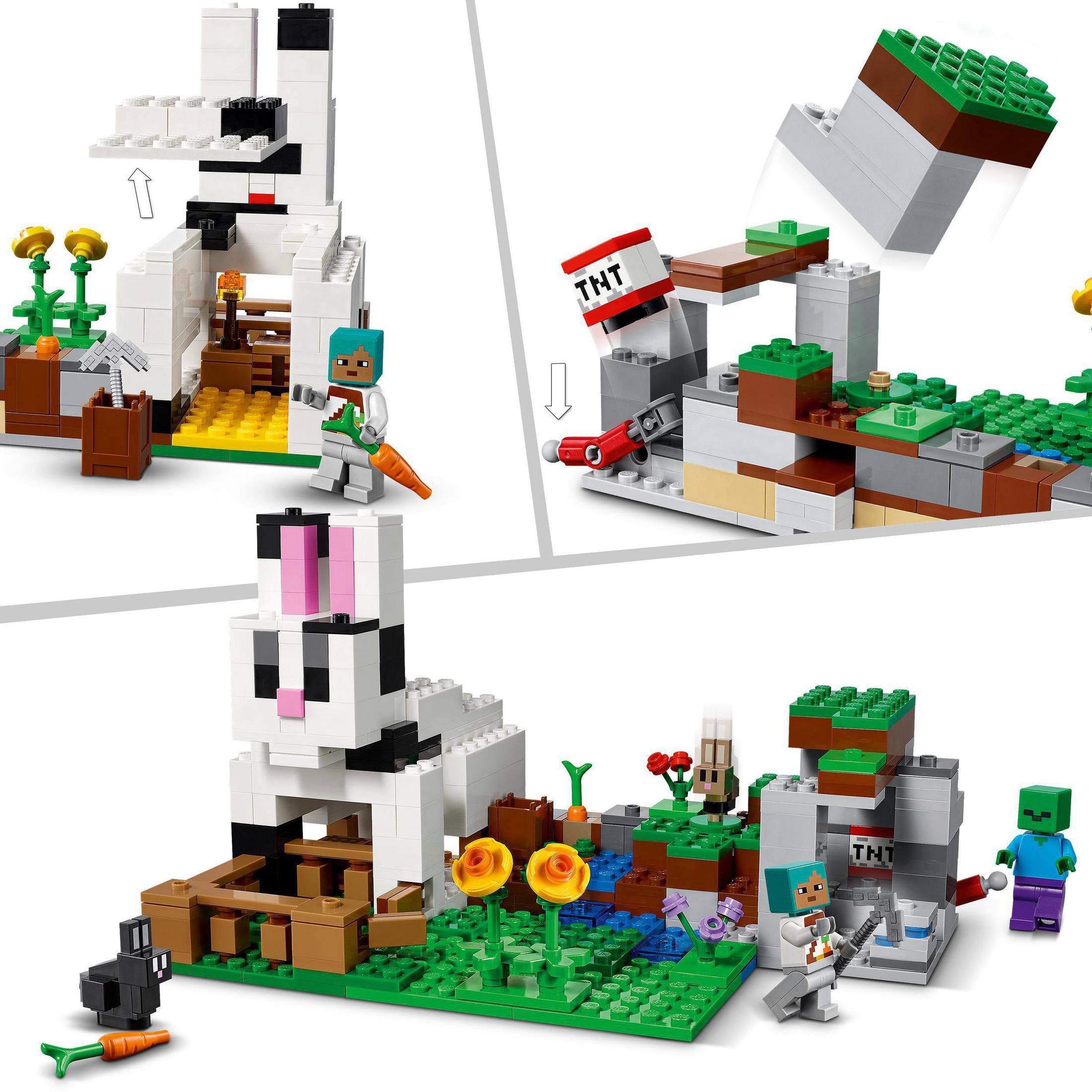 Set LEGO Minecraft con una grande struttura di coniglio bianco e personaggi di Minecraft che interagiscono.