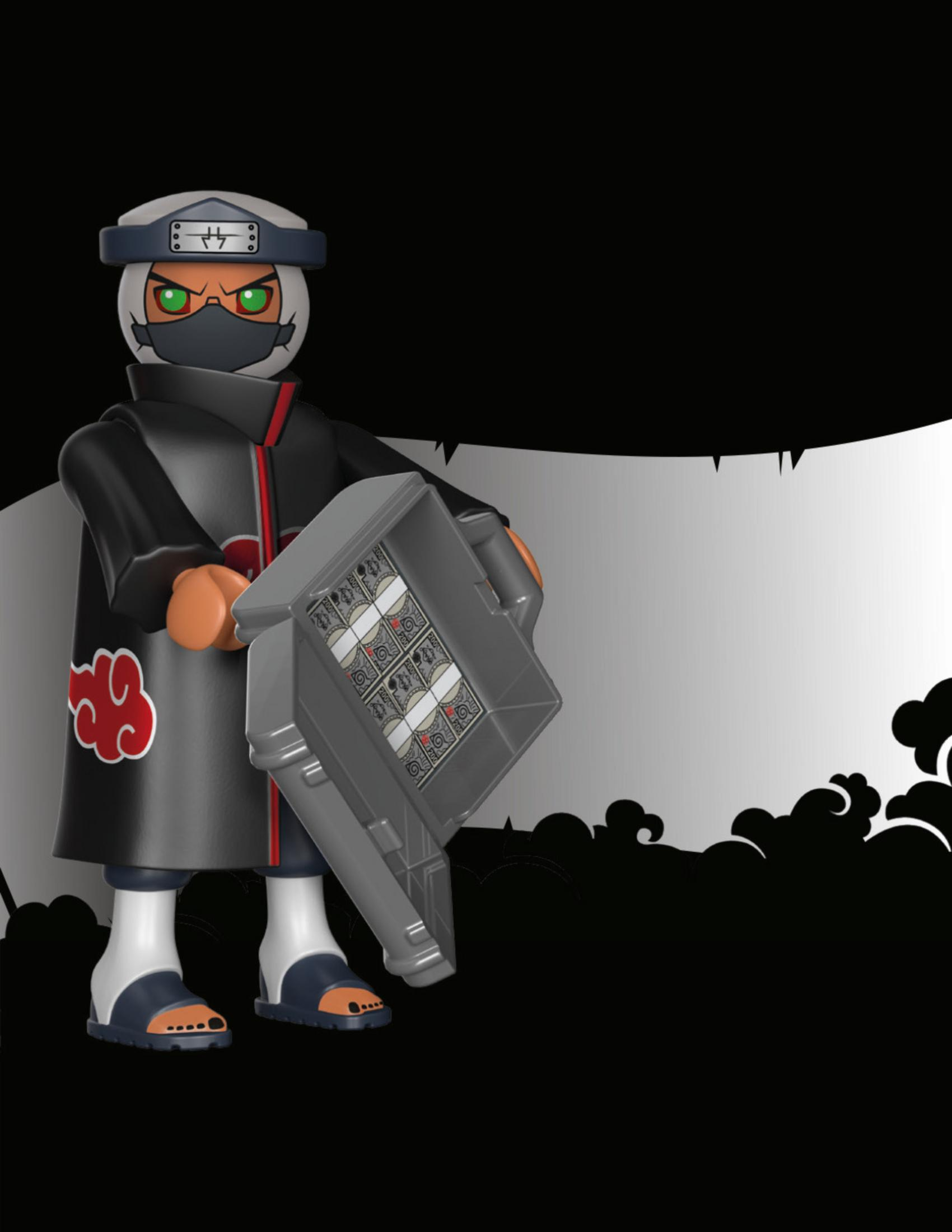Playmobil-Figur: Akatsuki-Mitglied in schwarzem Umhang mit roter Wolke. Hält einen Koffer mit Karten.