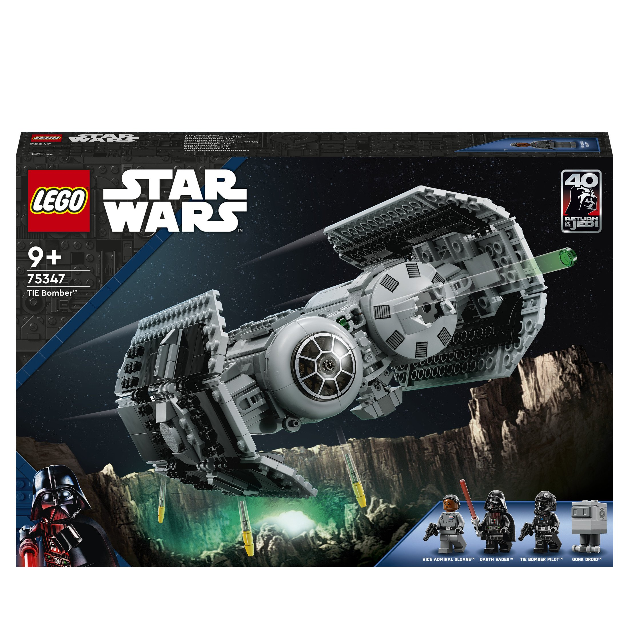 Pudełko zestawu Lego Star Wars TIE Bomber z statkiem kosmicznym i minifigurkami.