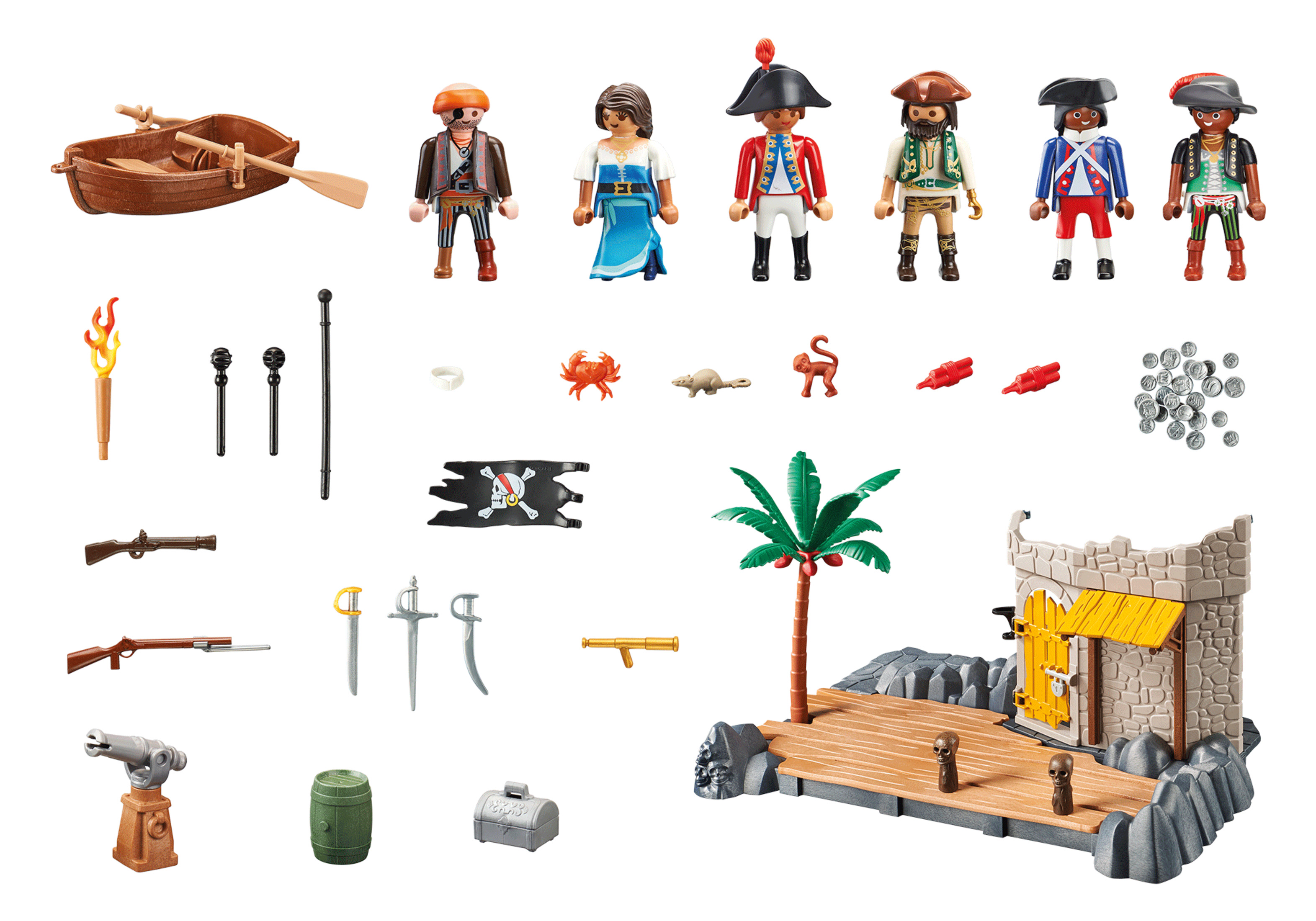 Set di pirati Playmobil con personaggi, una barca e accessori. Include un forziere e una palma.
