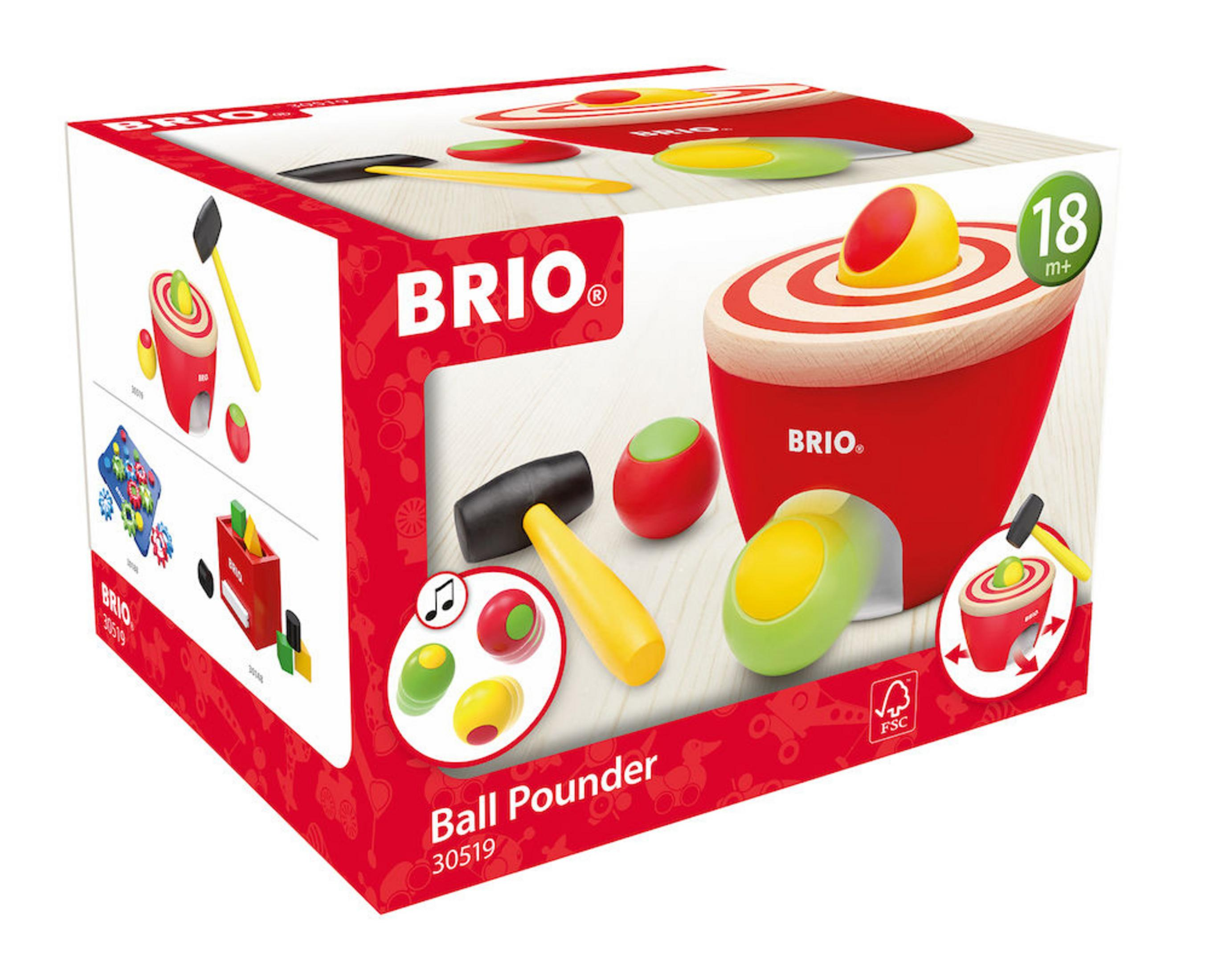 Czerwona zabawka z młotkiem i kulkami. Zawiera młotek, czerwone i żółte kulki w pudełku.