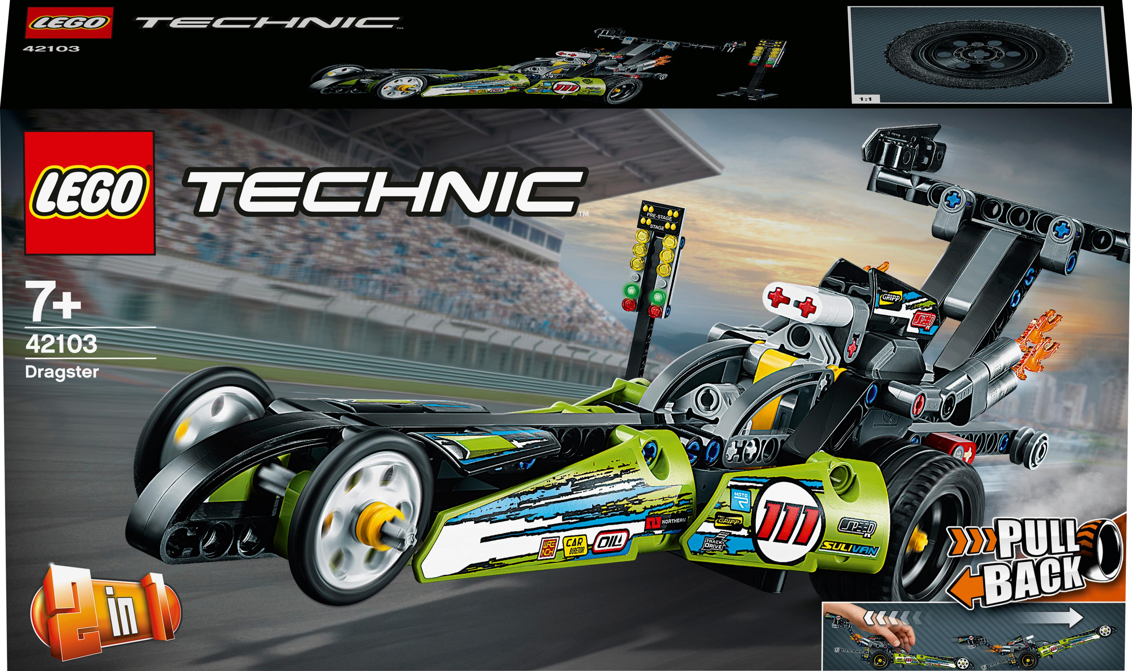 Lego Technic Dragster-Spielzeug mit Rennstrecken-Hintergrund.