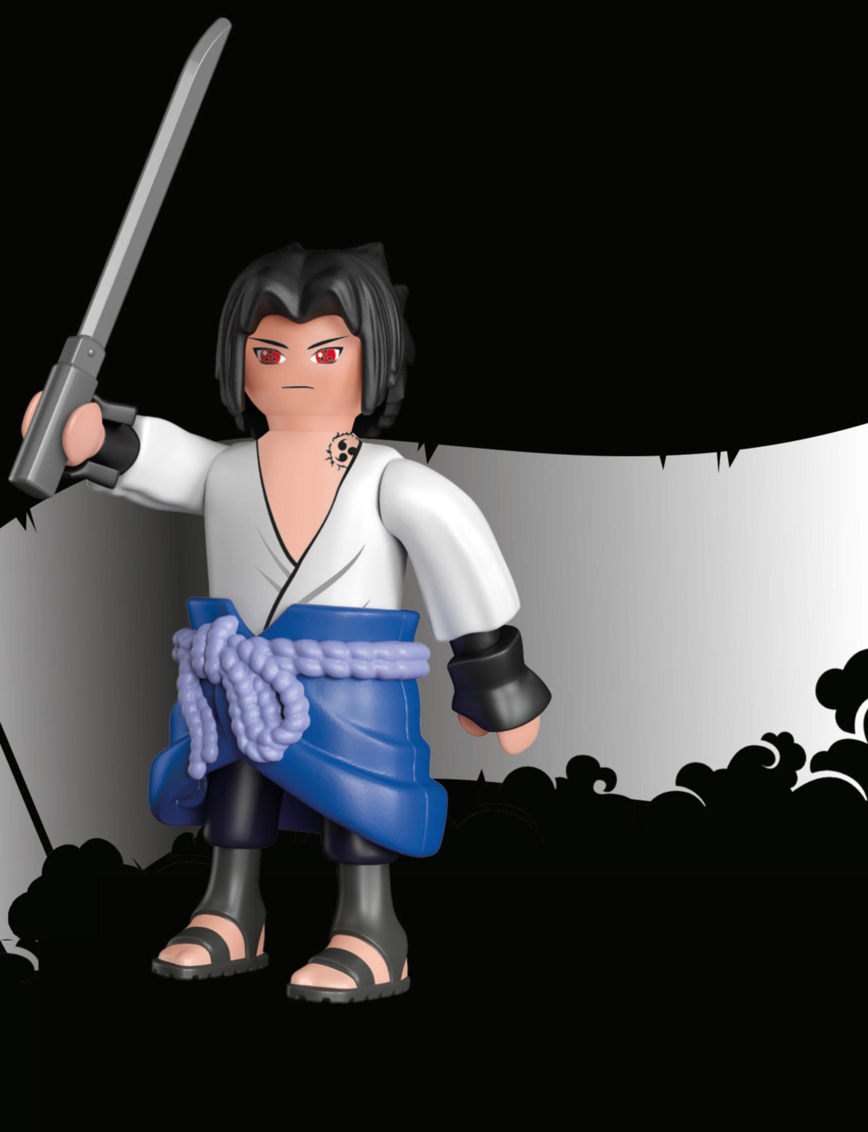Eine Playmobil-Figur von Sasuke aus Naruto, der ein Schwert hält. Dunkler Hintergrund mit weißer Umrandung.