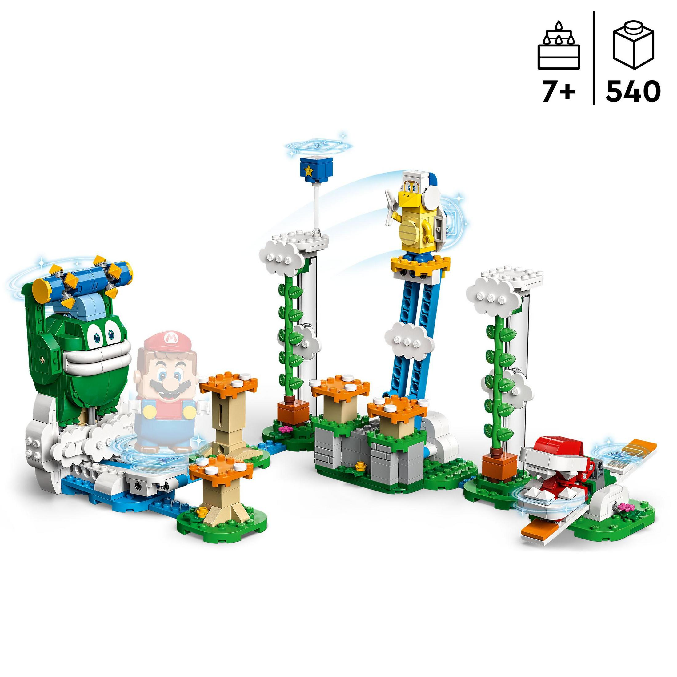 Lego Super Mario set. Inclusief Mario, Bowser Jr., platforms en een vliegtuig.