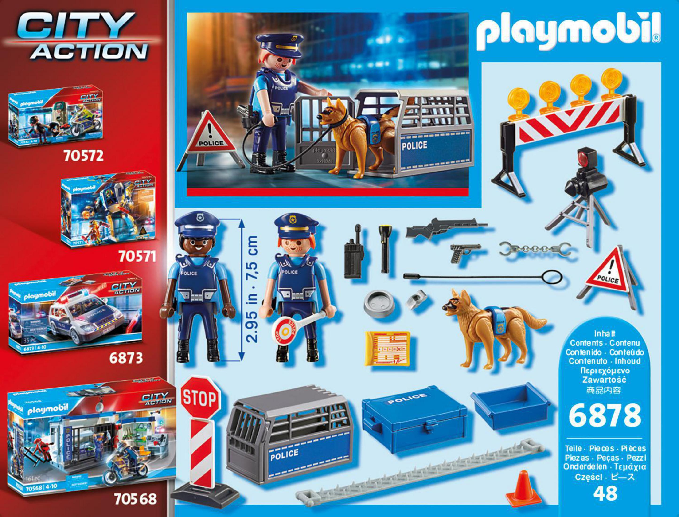 Playmobil City Action-Set-Teile: Polizisten, Hund, Barrikaden und Fahrzeuge.