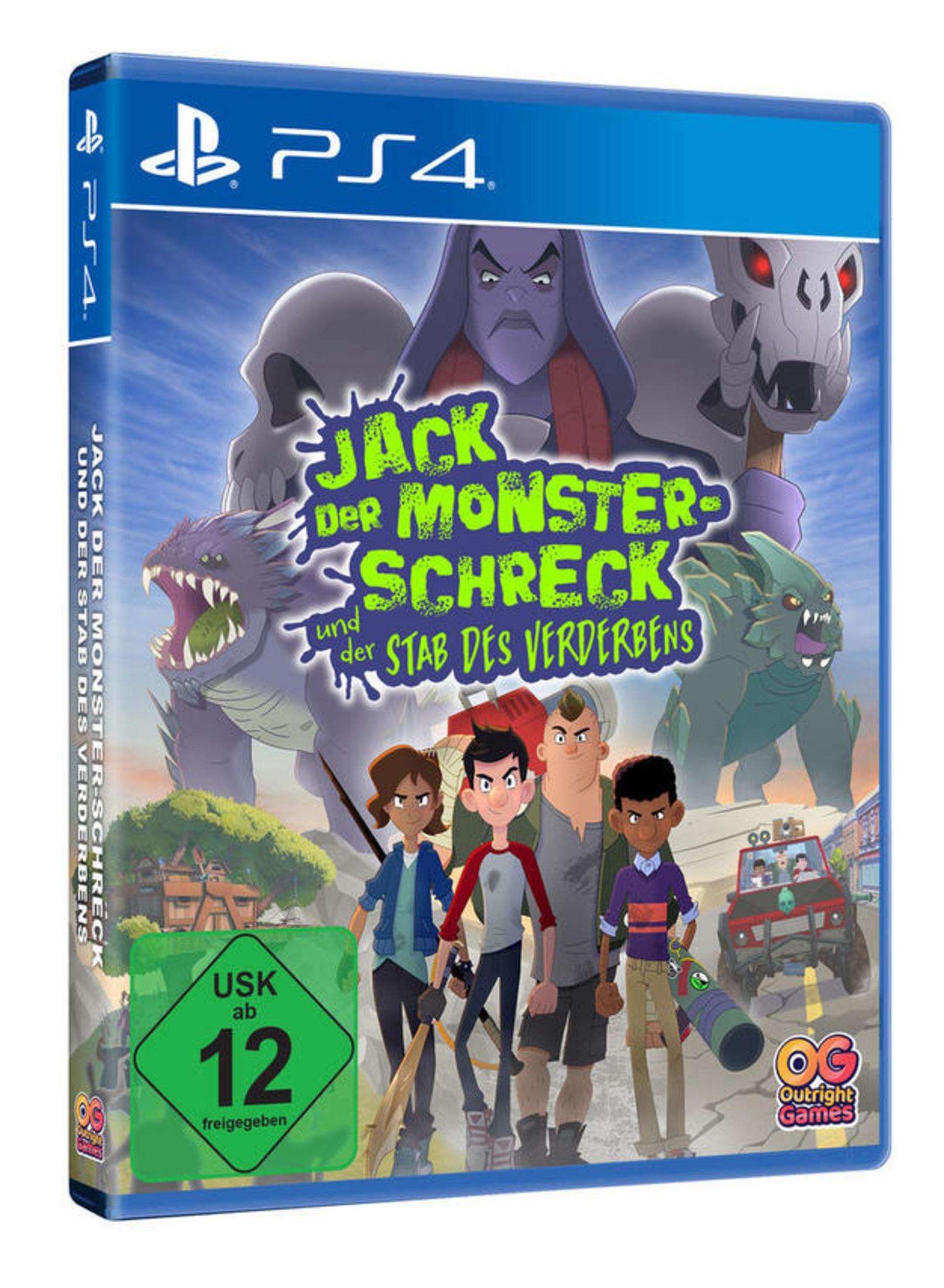 Eine PS4-Spielbox mit Cartoon-Charakteren und einem Monster, mit blau-weißem Hintergrund.