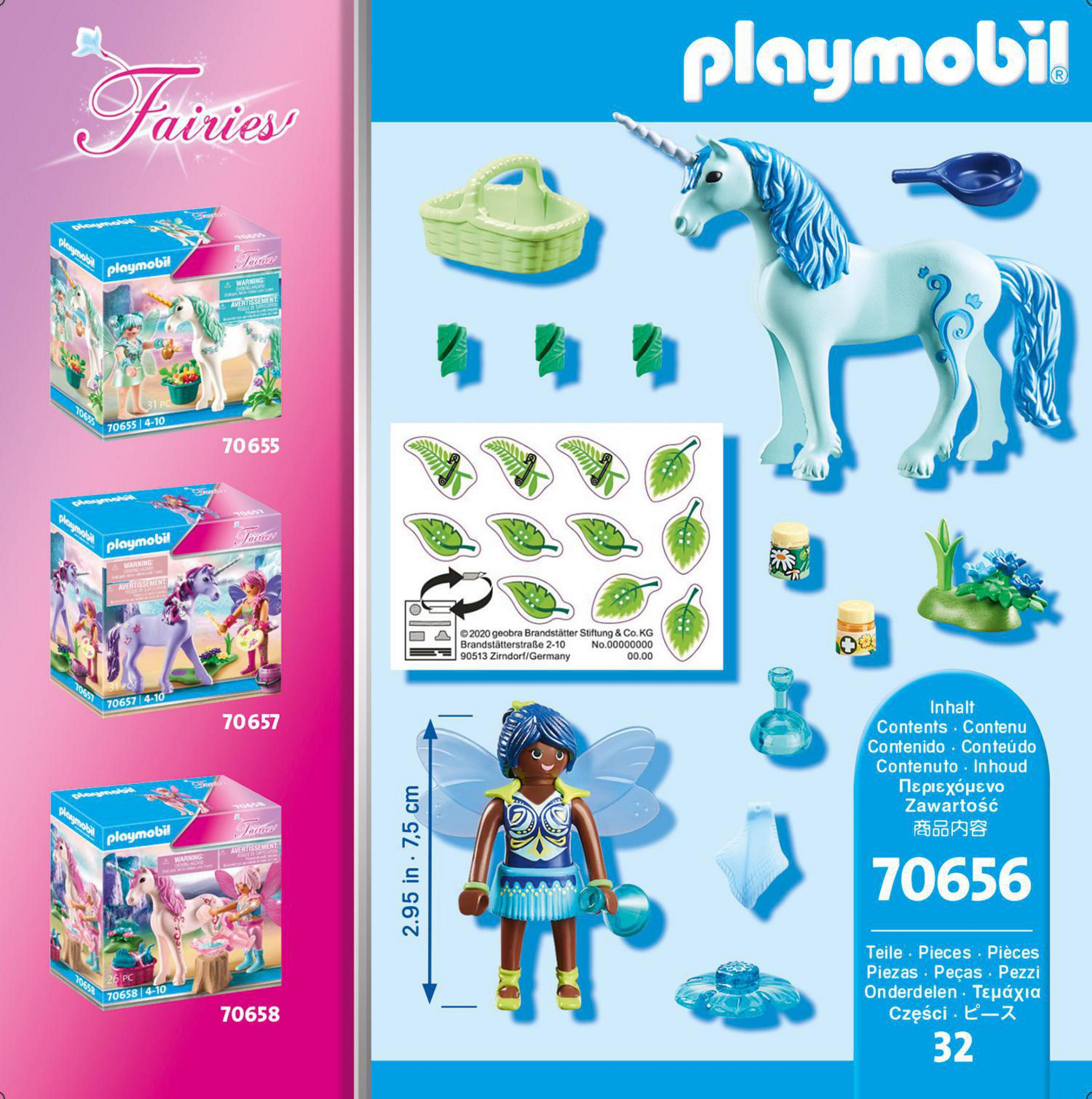 Playmobil-Set mit Fee, Einhorn und Zubehör auf buntem Hintergrund.