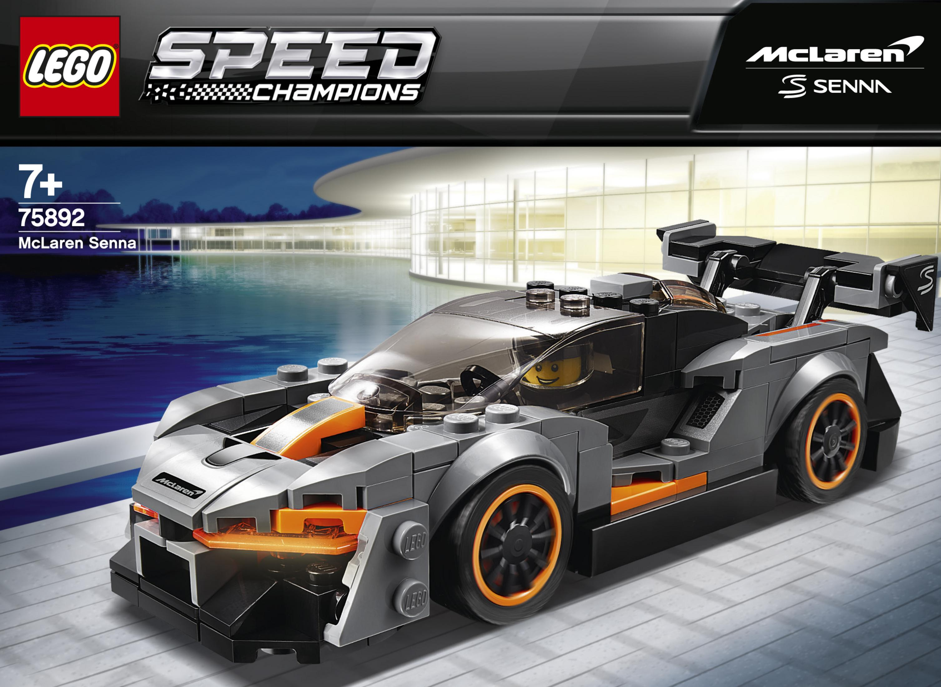 Set Lego Speed Champions McLaren Senna con un'auto sportiva grigia e arancione.
