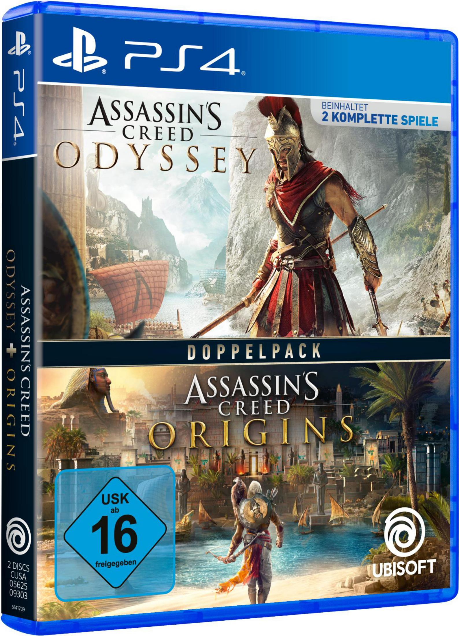 Eine Videospielbox für 'Assassin's Creed Odyssey + Origins' mit Spielgrafiken und Logos.