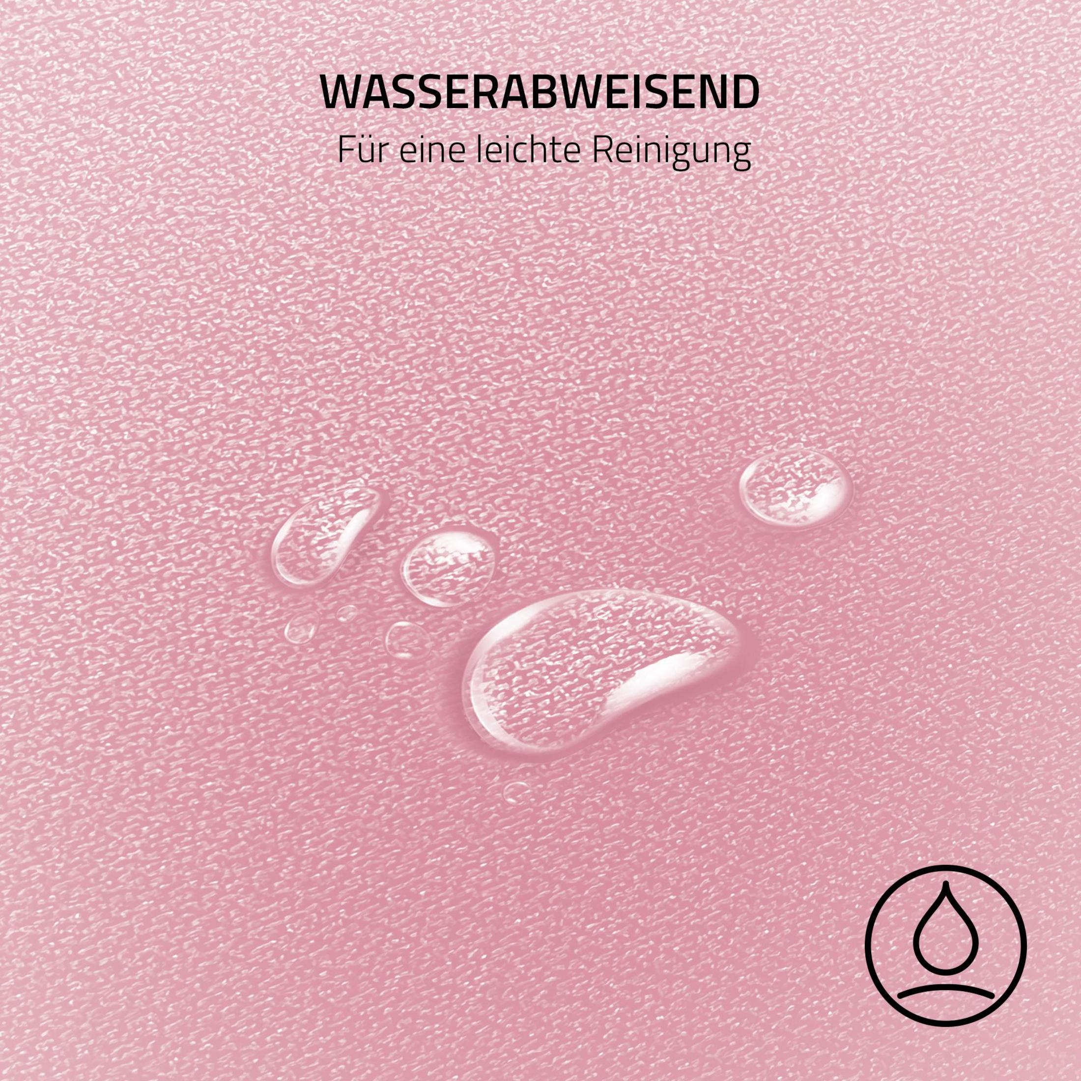 Wassertropfen auf einer rosa, strukturierten Oberfläche mit dem Text 'WASSERABWEISEND'.