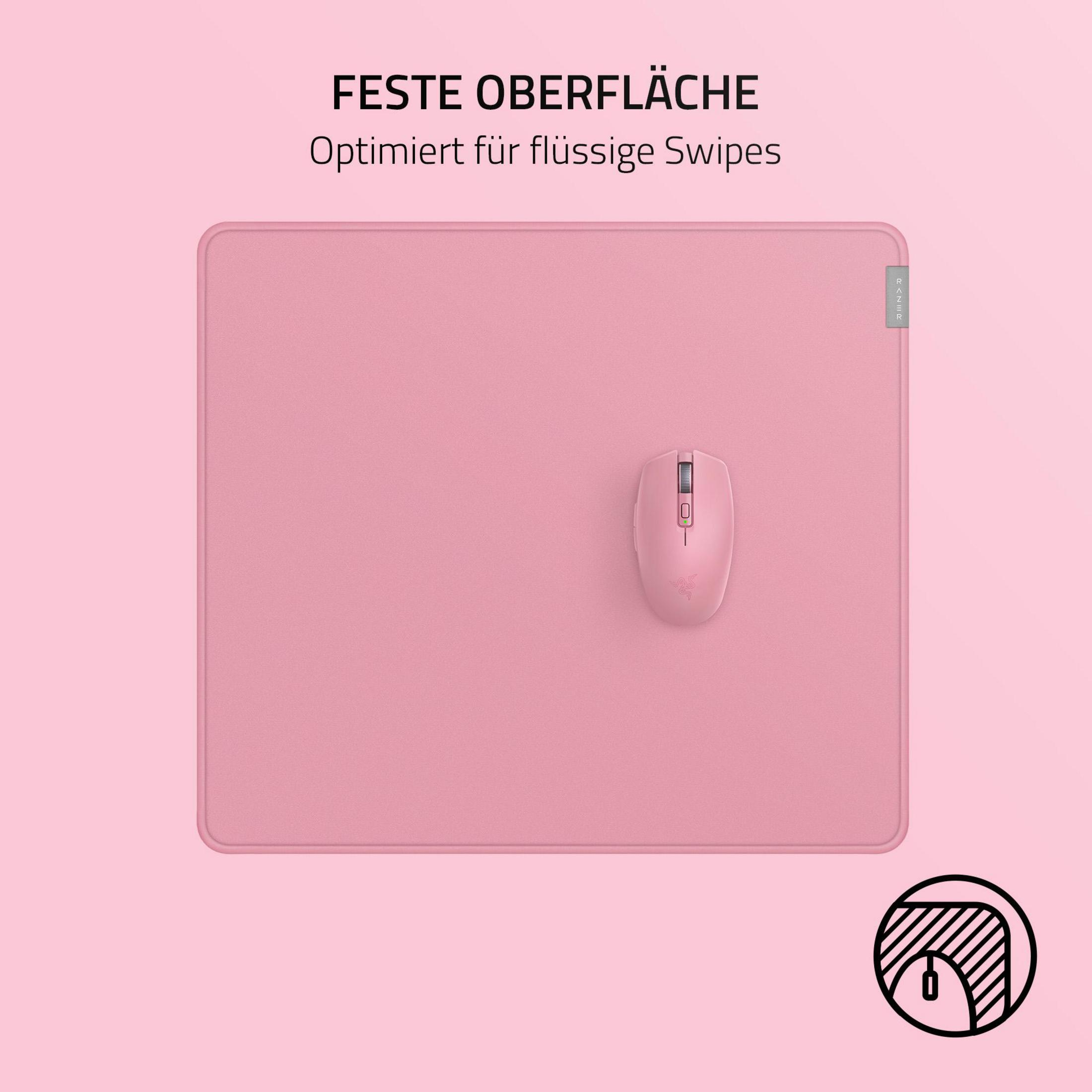 Rosa Razer-Mauspad mit rosa Maus, Text auf Deutsch: Feste Oberfläche, optimiert für Swipes.
