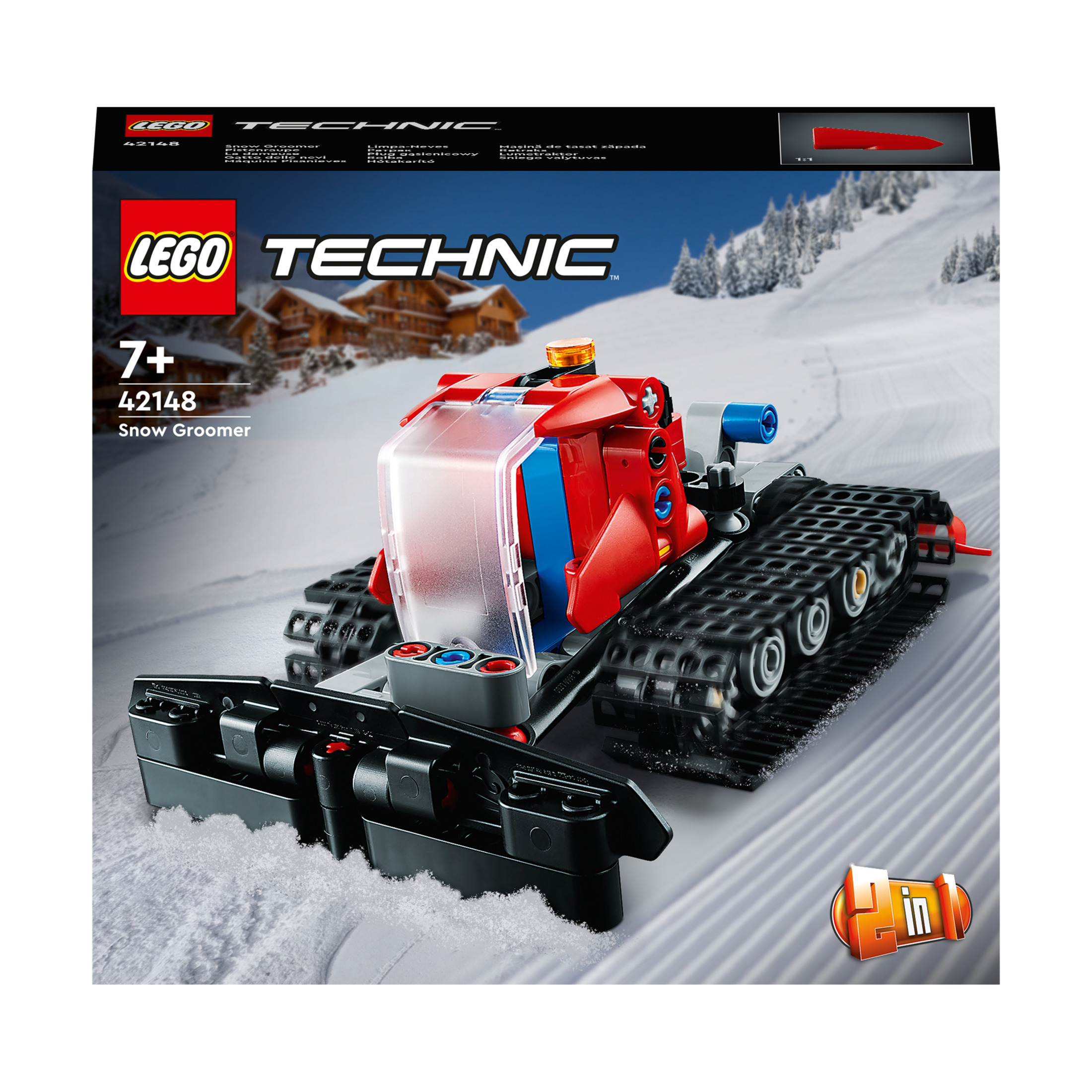 Una scatola di giocattoli Lego Technic per battipista con una macchina rossa e blu, su uno sfondo innevato.