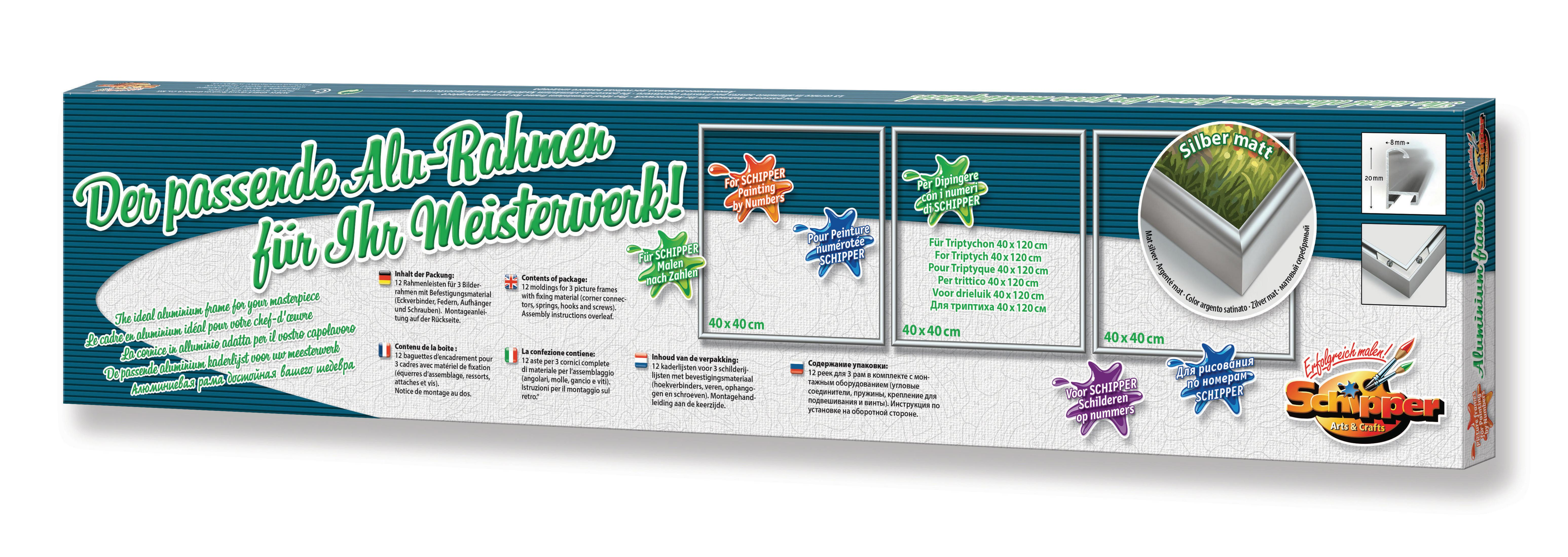 Aluminiumrahmen-Verpackung mit Text und Bildern. Weißer Hintergrund.