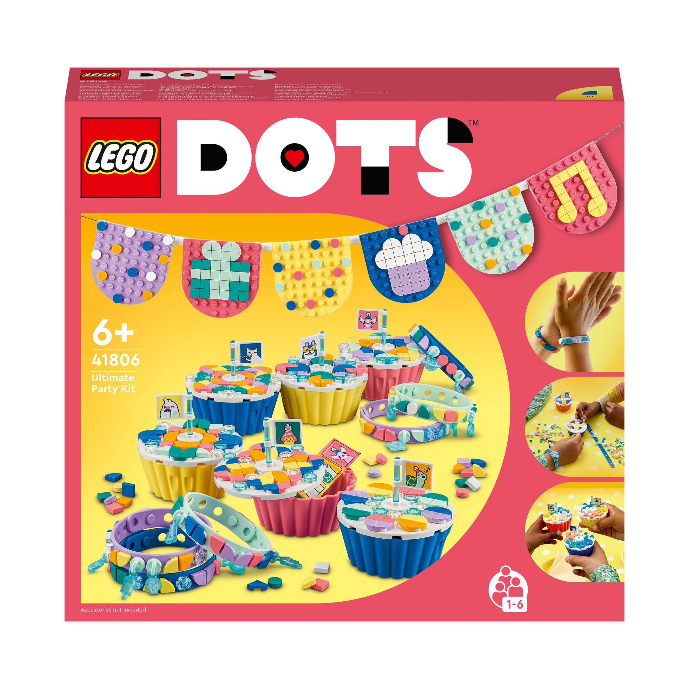 Ein LEGO DOTS Set Karton mit verschiedenen Bastelarbeiten, einschließlich Armbändern und becherförmigen Behältern.