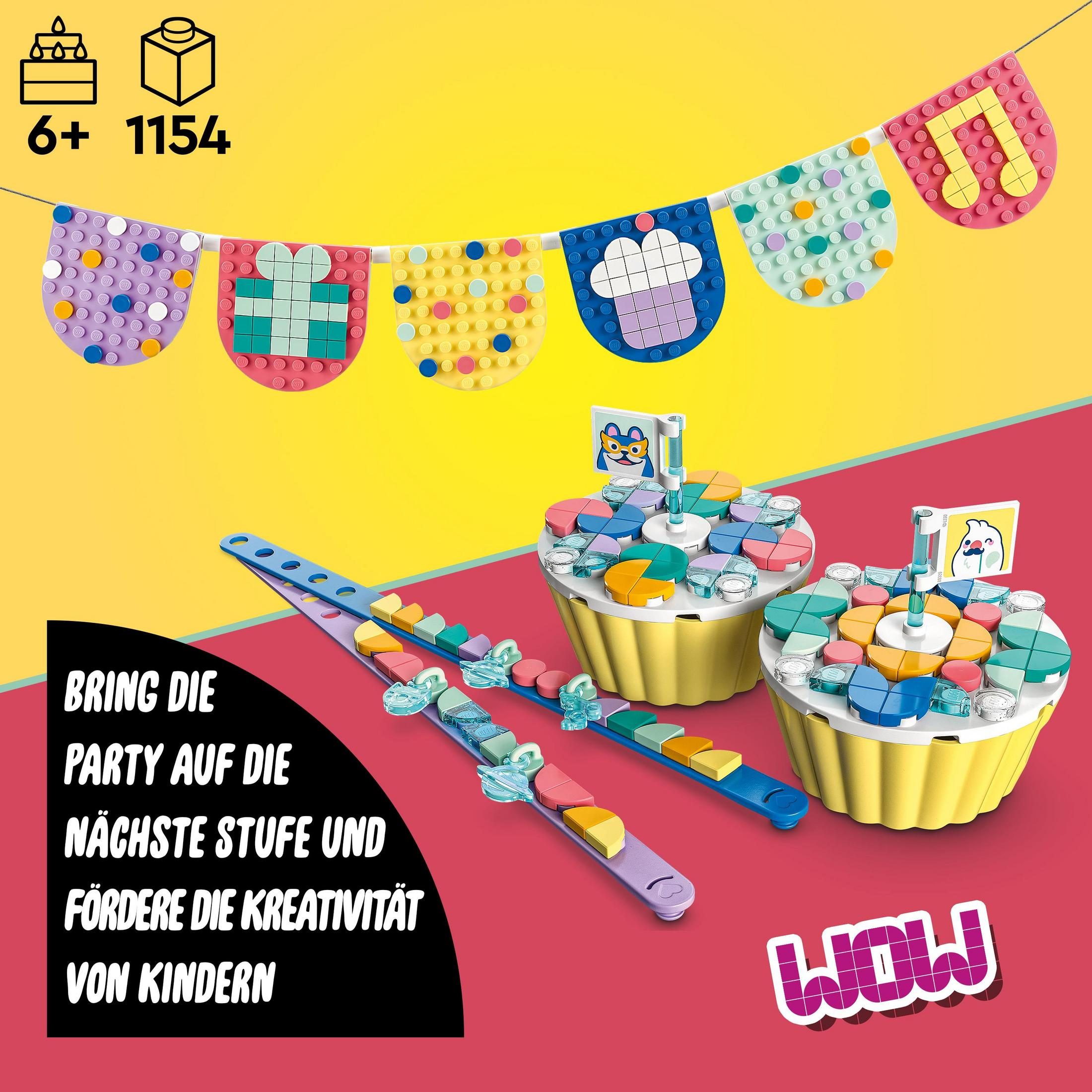 Lego-Partyset mit Cupcakes und bunten Fahnen auf pinkfarbenem Hintergrund. Text auf Deutsch.