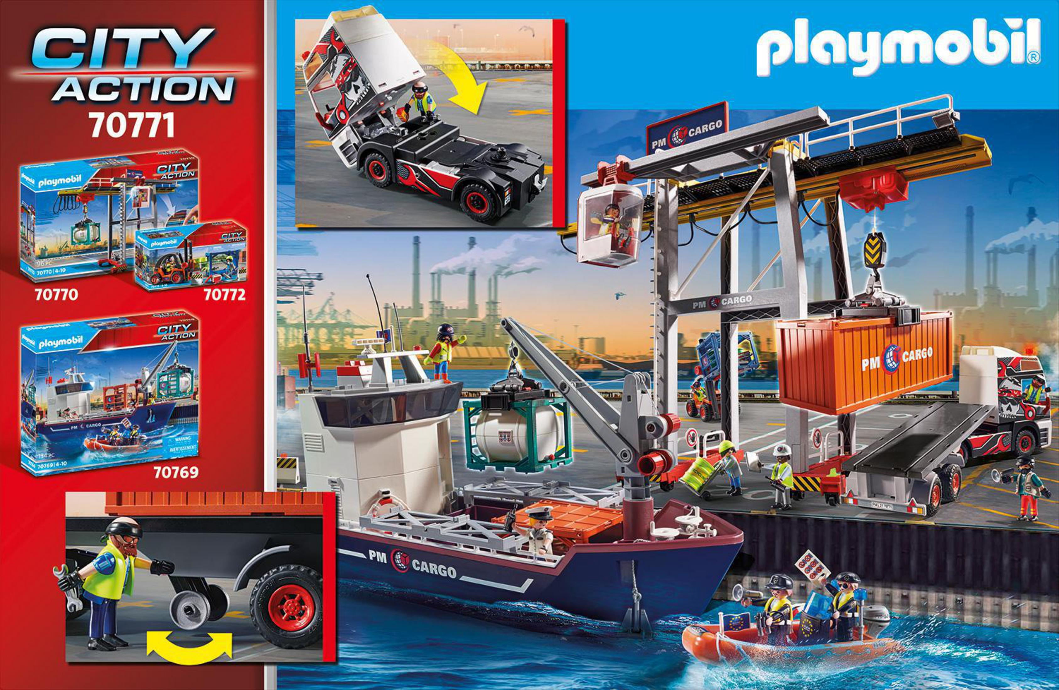Playmobil-Spielset mit LKW, Hafenszene mit Kran, Schiff und Arbeiterfiguren.